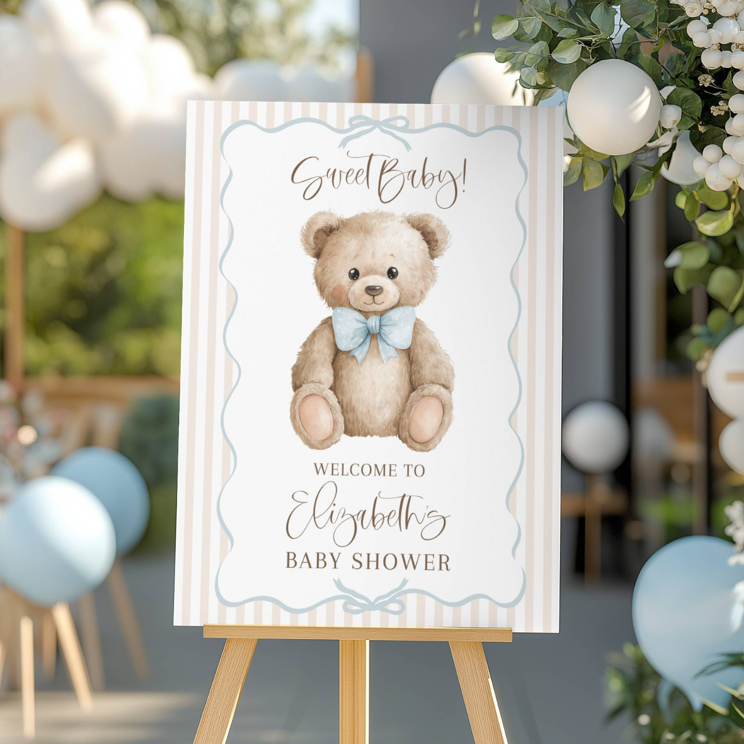 Beige and Blue Bow Tie Striped Teddy Bear Baby Shower Welcome Sign-#143