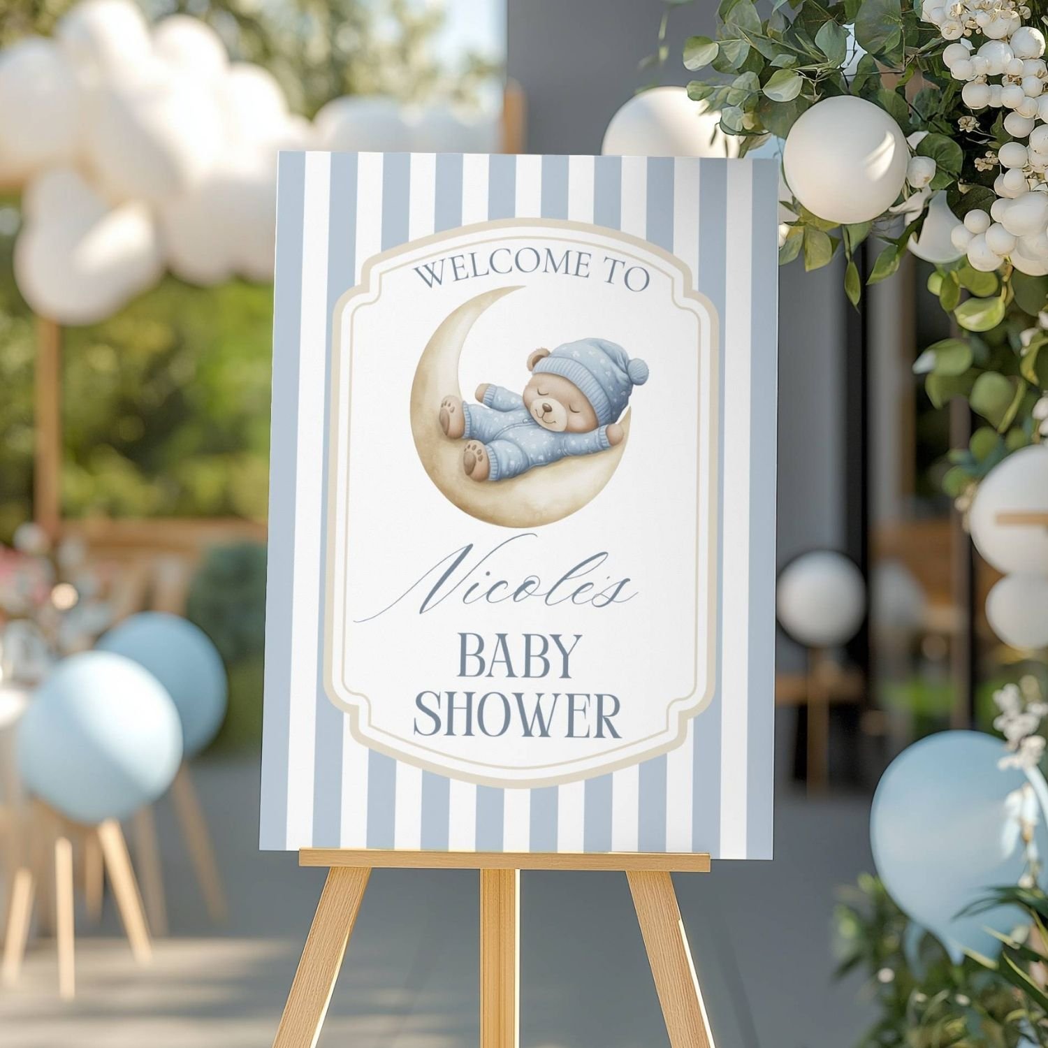Dusty Blue Striped Sleeping Teddy Bear Baby Shower Welcome Sign-#118