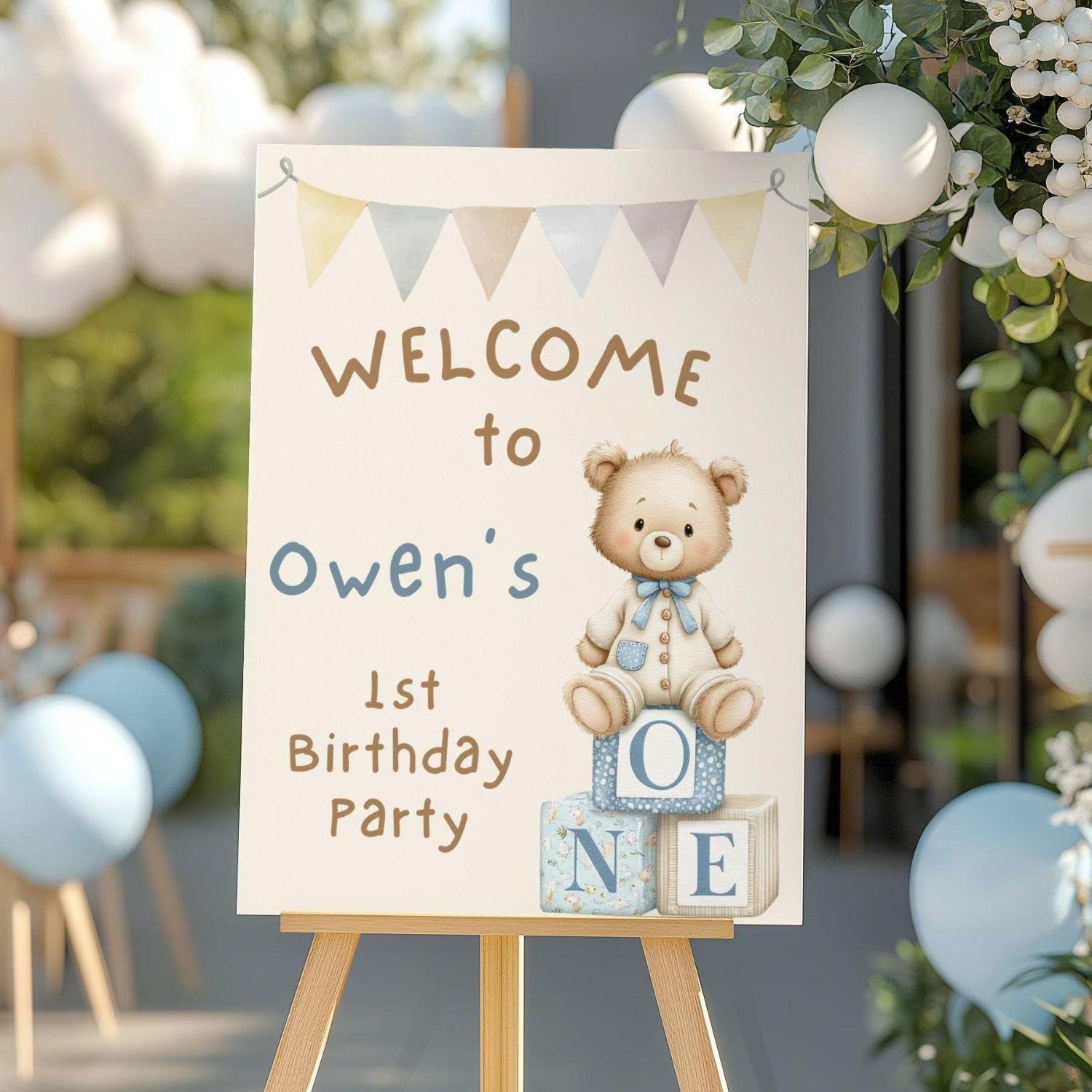 1st Birthday Welcome Sign Boy, Teddy Bear Blocks Birthday Banner, Blue Teddy Bear First Birthday Decor #29