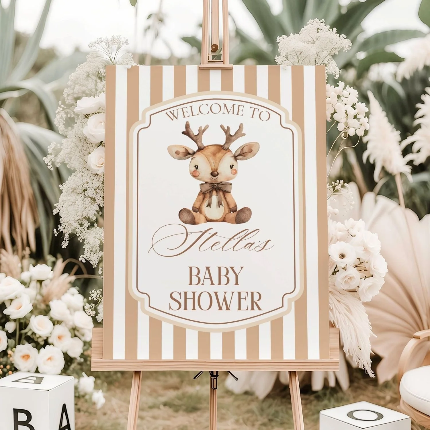 Woodland Buck Baby Shower Welcome Sign, Brown Striped Border Poster #176