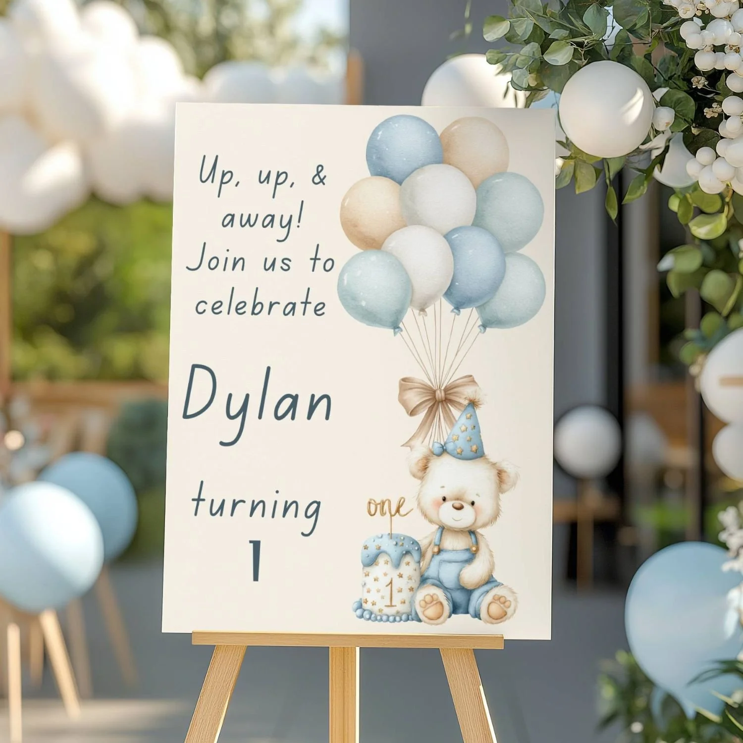 Teddy Bear 1st Birthday Welcome Sign. Up Up and Away Bundle of Balloons Digital File #35