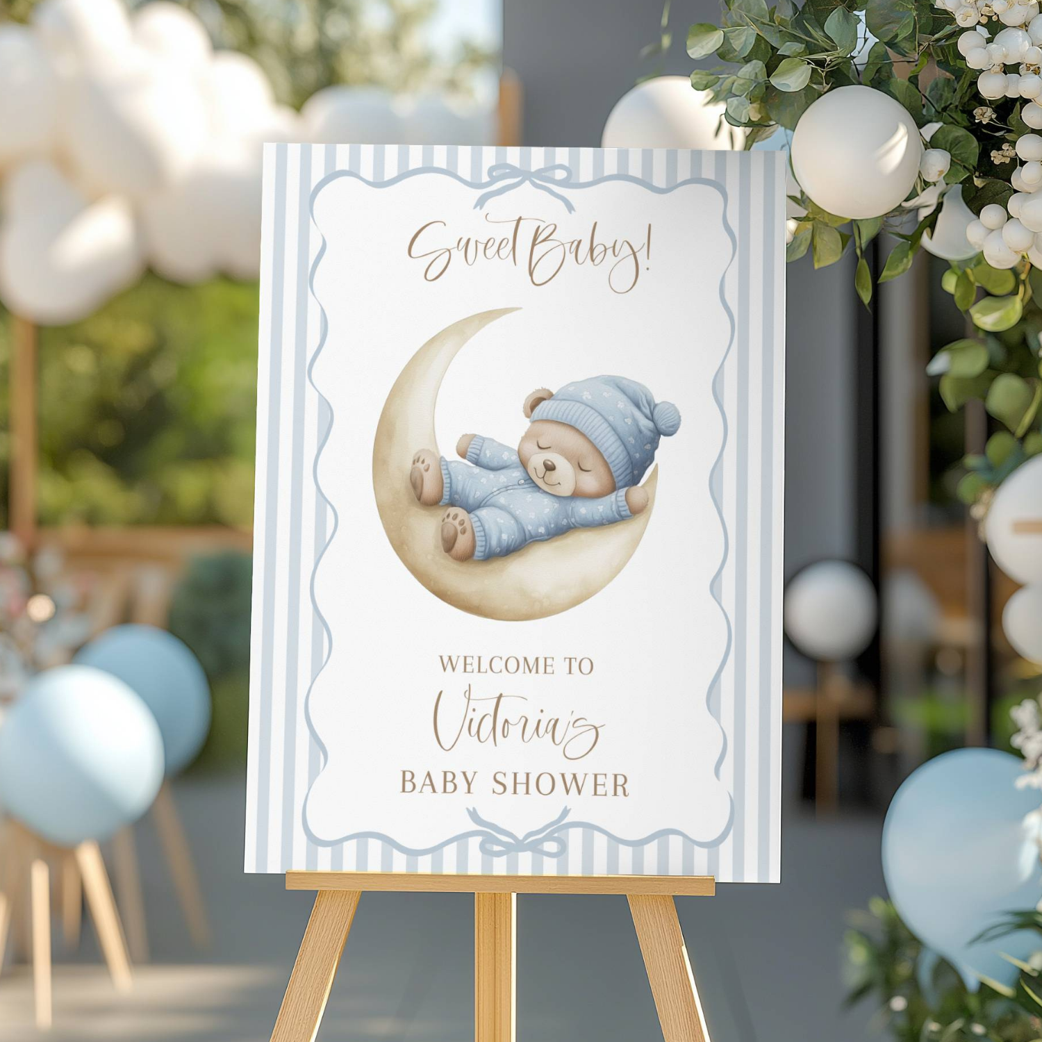 Sleeping Teddy Bear Blue Striped Baby Shower Welcome Sign-#141