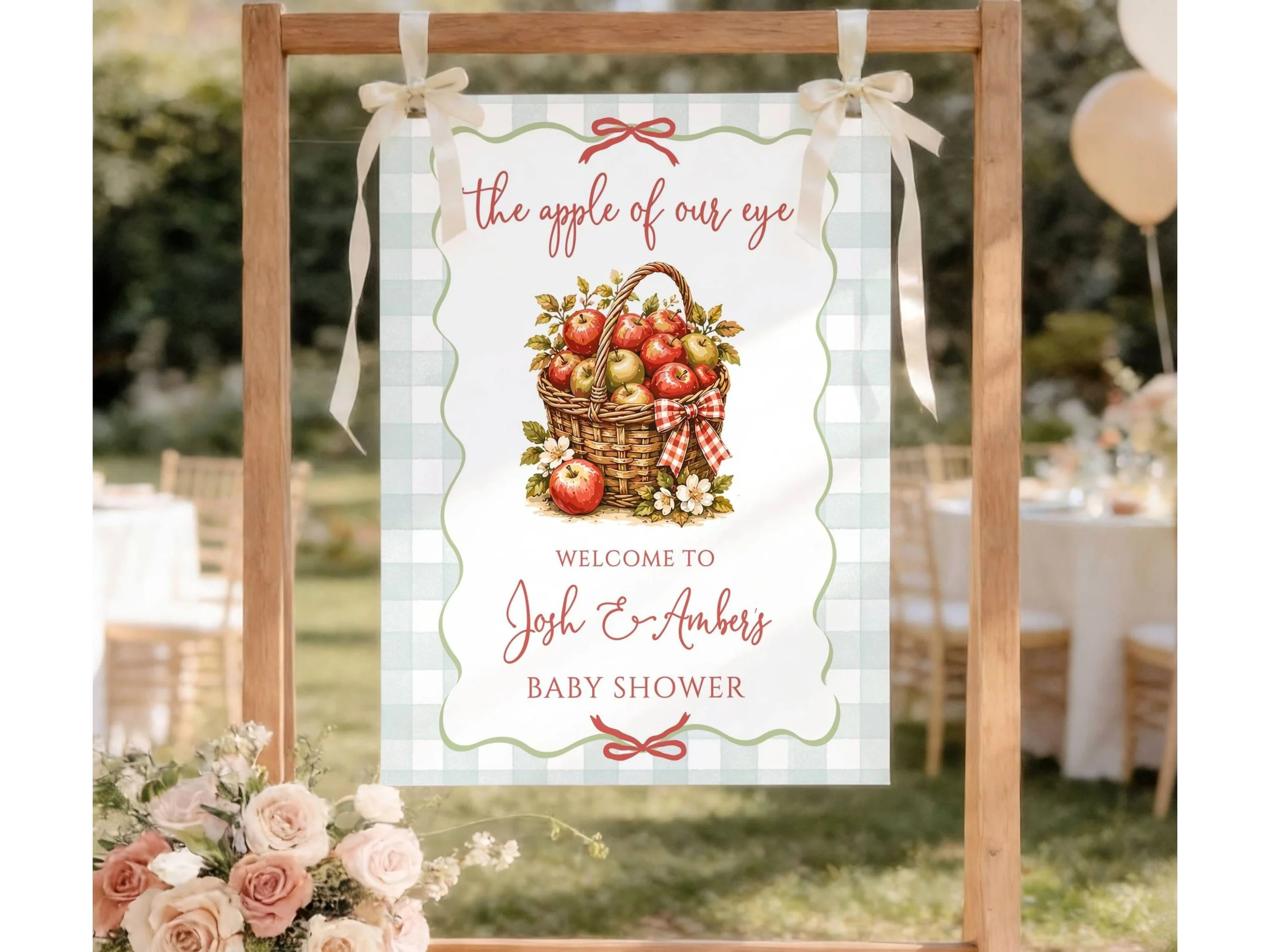 Bucket of Apples Autumn Poster, Apple of Our Eye Welcome Sign, Green Gingham Fall Baby Shower Decor #26