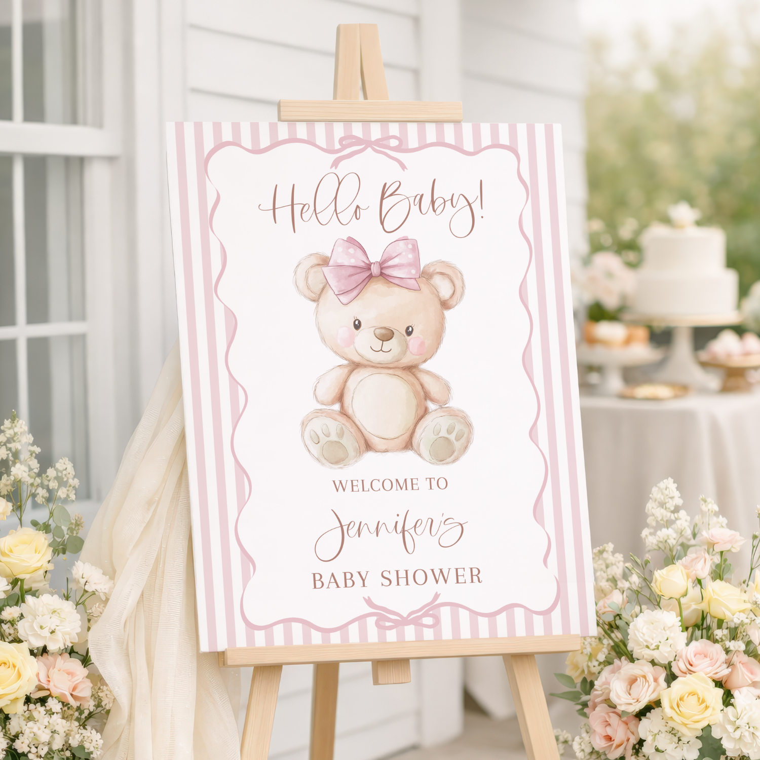 Blush Pink Bow Teddy Bear Girl Baby Shower Welcome Sign-#130
