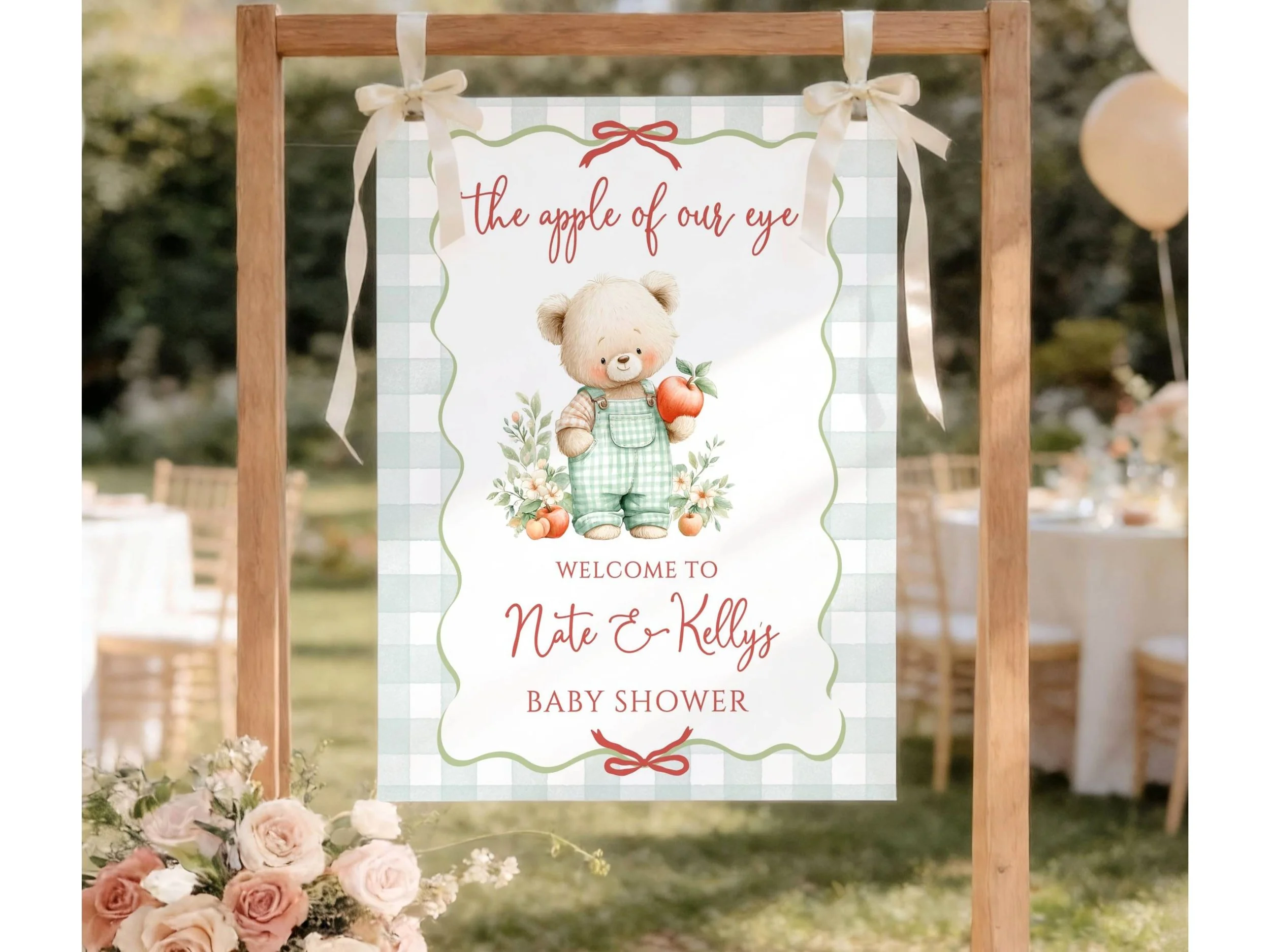Green Gingham Teddy Bear Baby Shower Sign, Apple of Our Eye Fall Baby Shower Welcome Poster F23