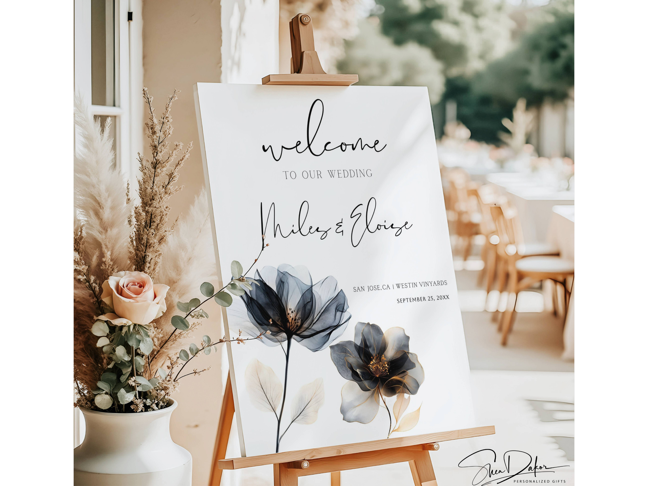 Custom  Modern Black and Gold Floral Wedding Welcome Sign, Printed or Digital #CV26