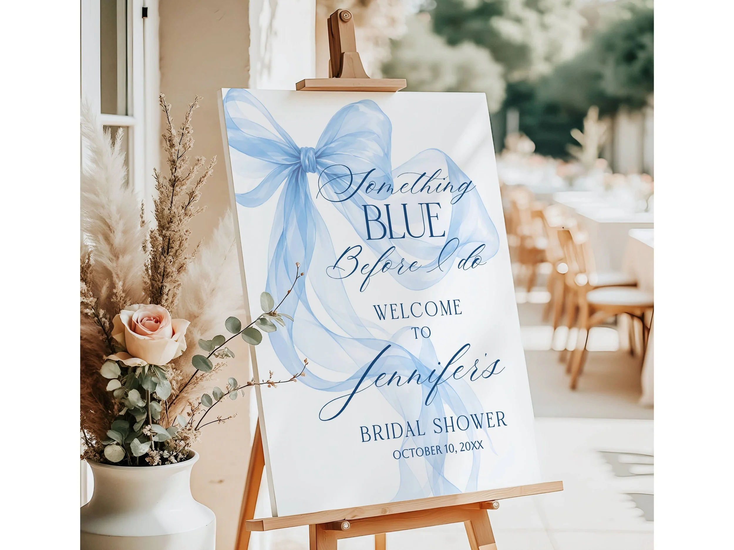 Elegant Something Blue Bridal Shower Welcome Sign with Coquette Bow #65