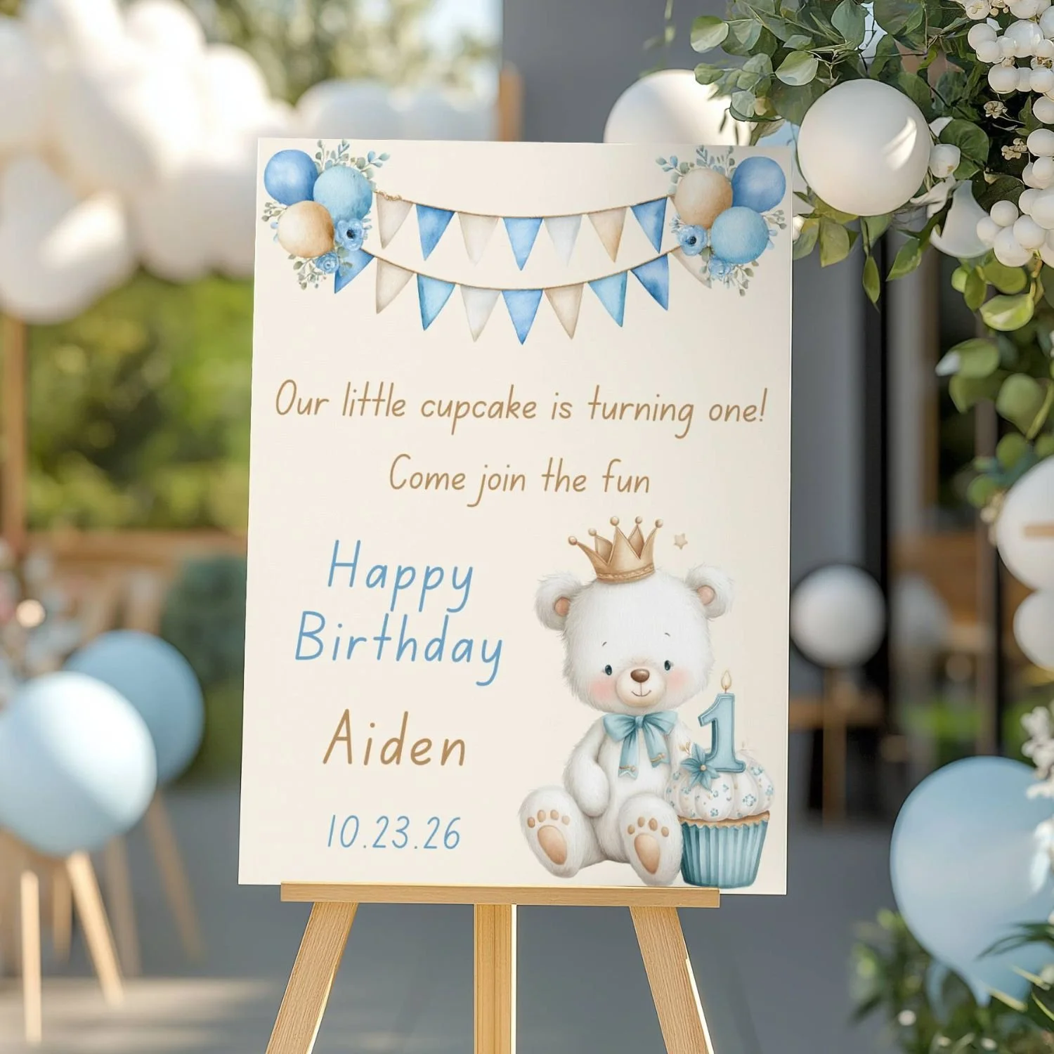 Personalized Boy's 1st Birthday Welcome Sign, Prince Teddy Bear Birthday Decor #39