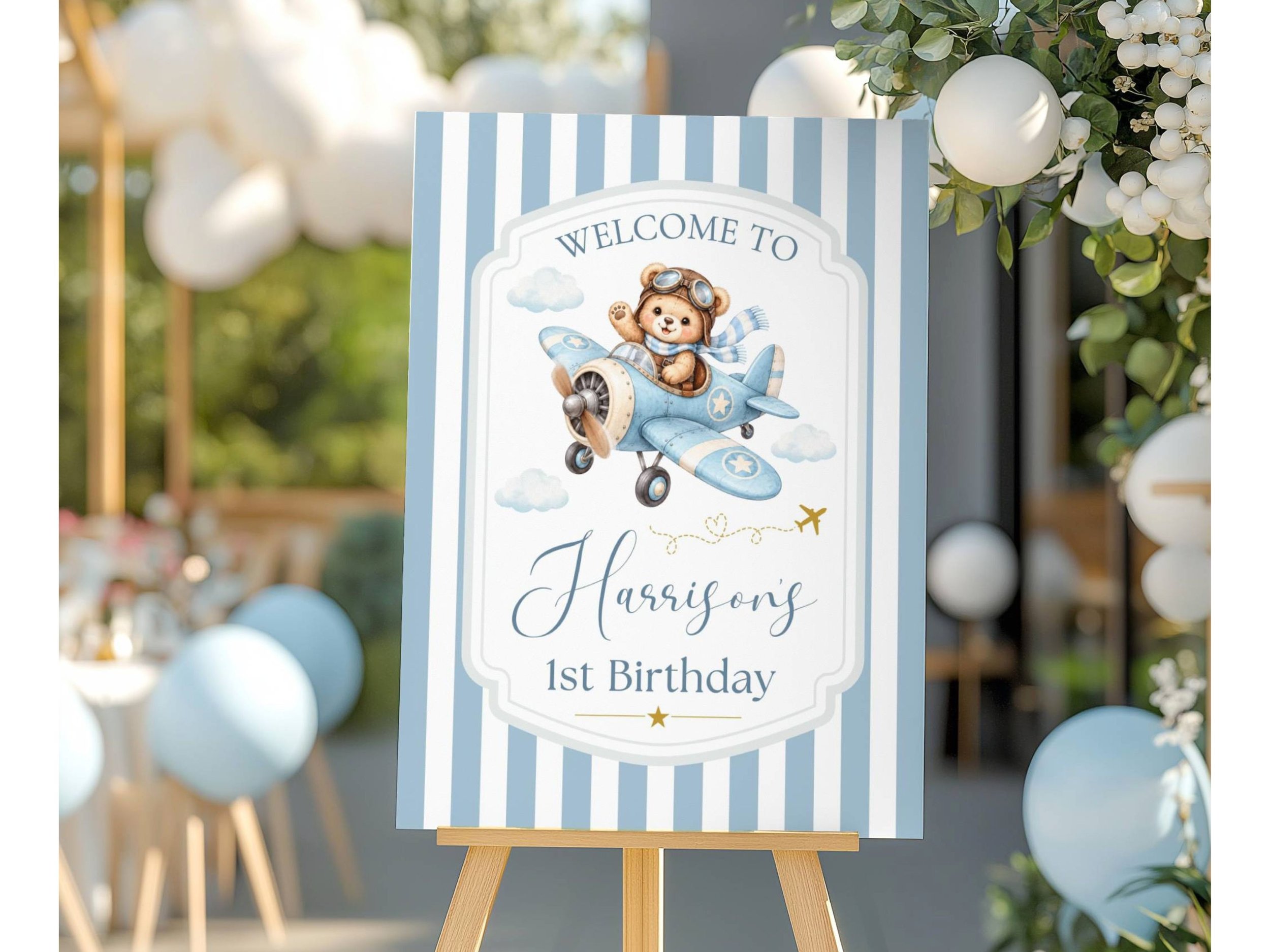 Aviator Teddy Bear Birthday Welcome Sign, Personalized Blue Stripes Airplane Boy Party Decor 42