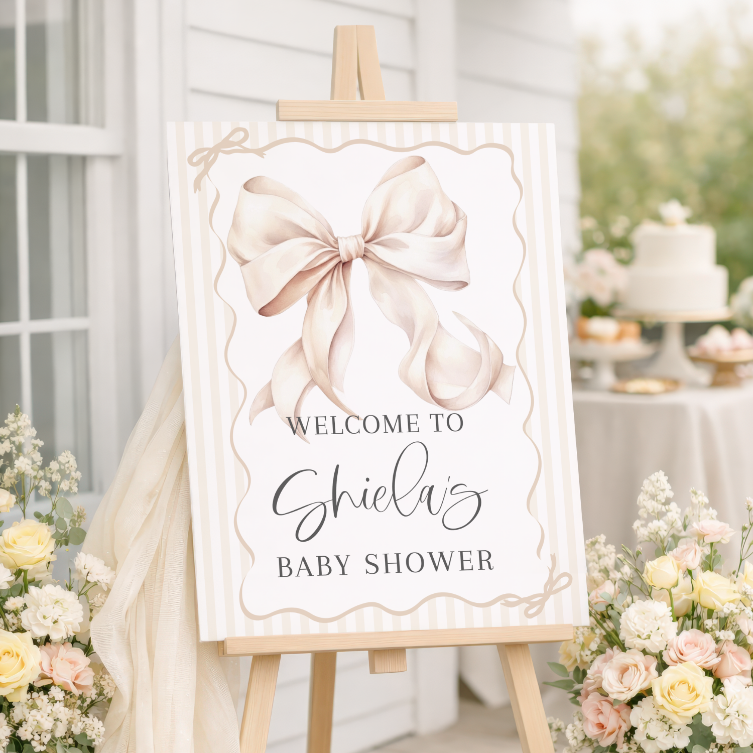 Cream Coquette Bow Striped Baby Shower Welcome Sign #162