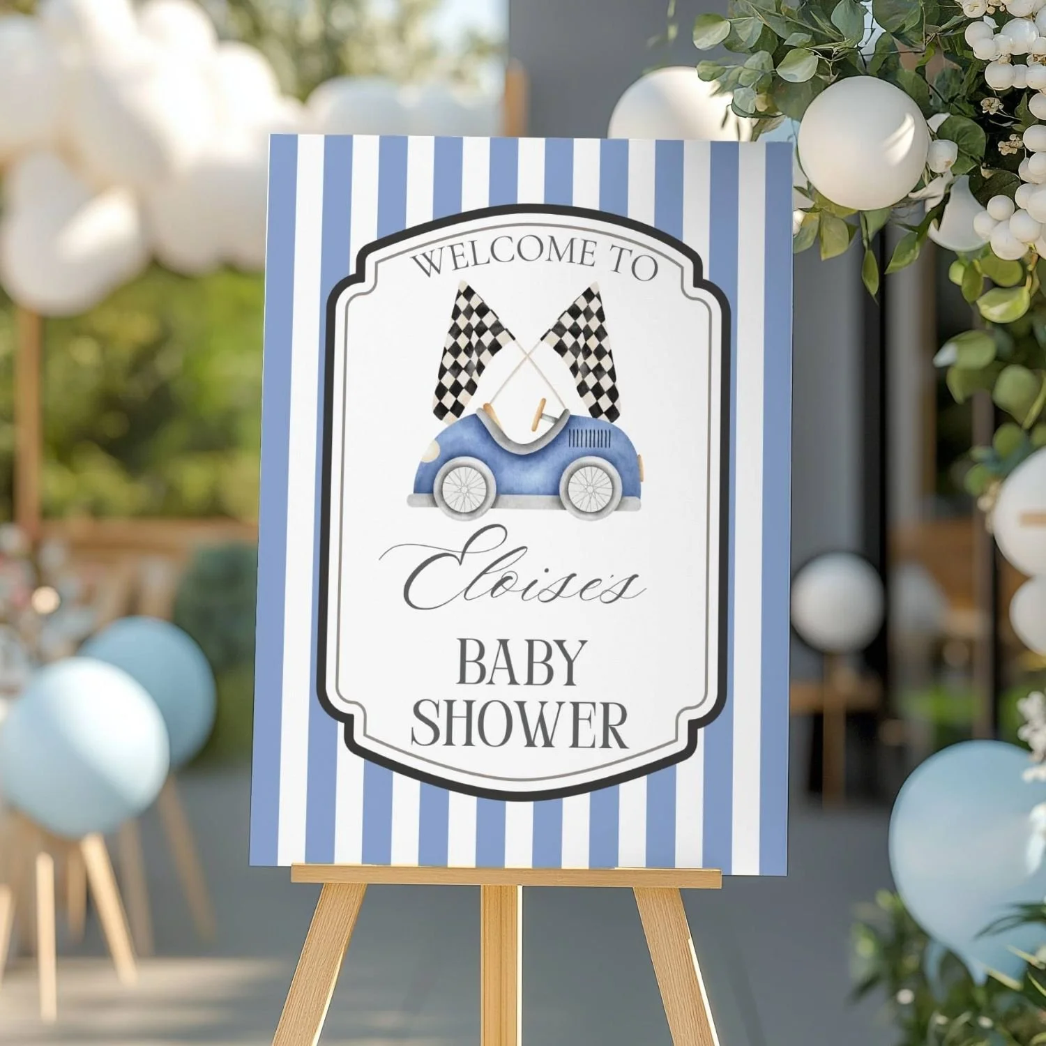 Vintage Race Car Blue Striped Boy Baby Shower Welcome Sign-#122