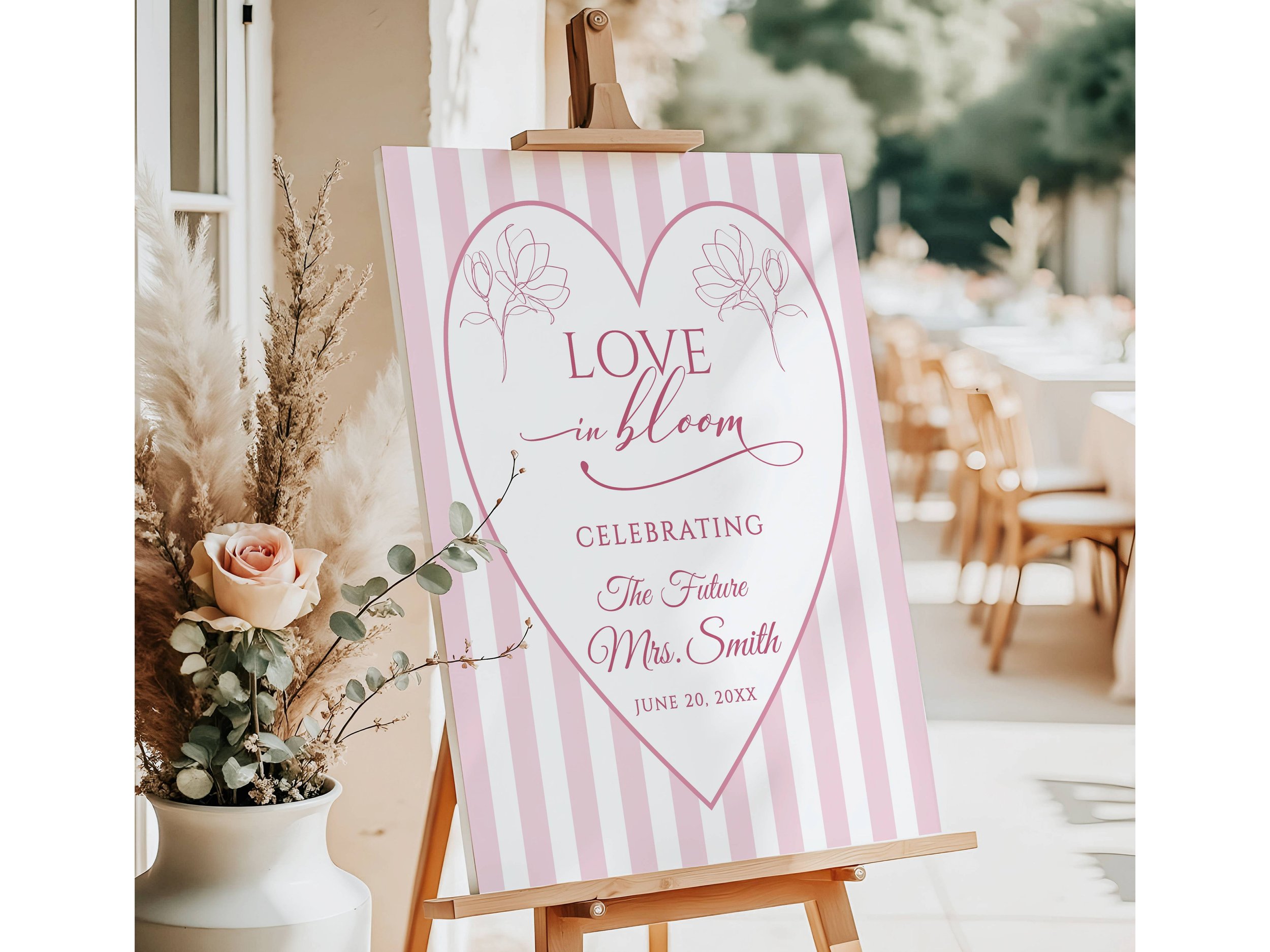Preppy Pink Stripes Bridal Shower Welcome Sign, Love in Bloom Future Mrs. Bride-to-Be Decor #57