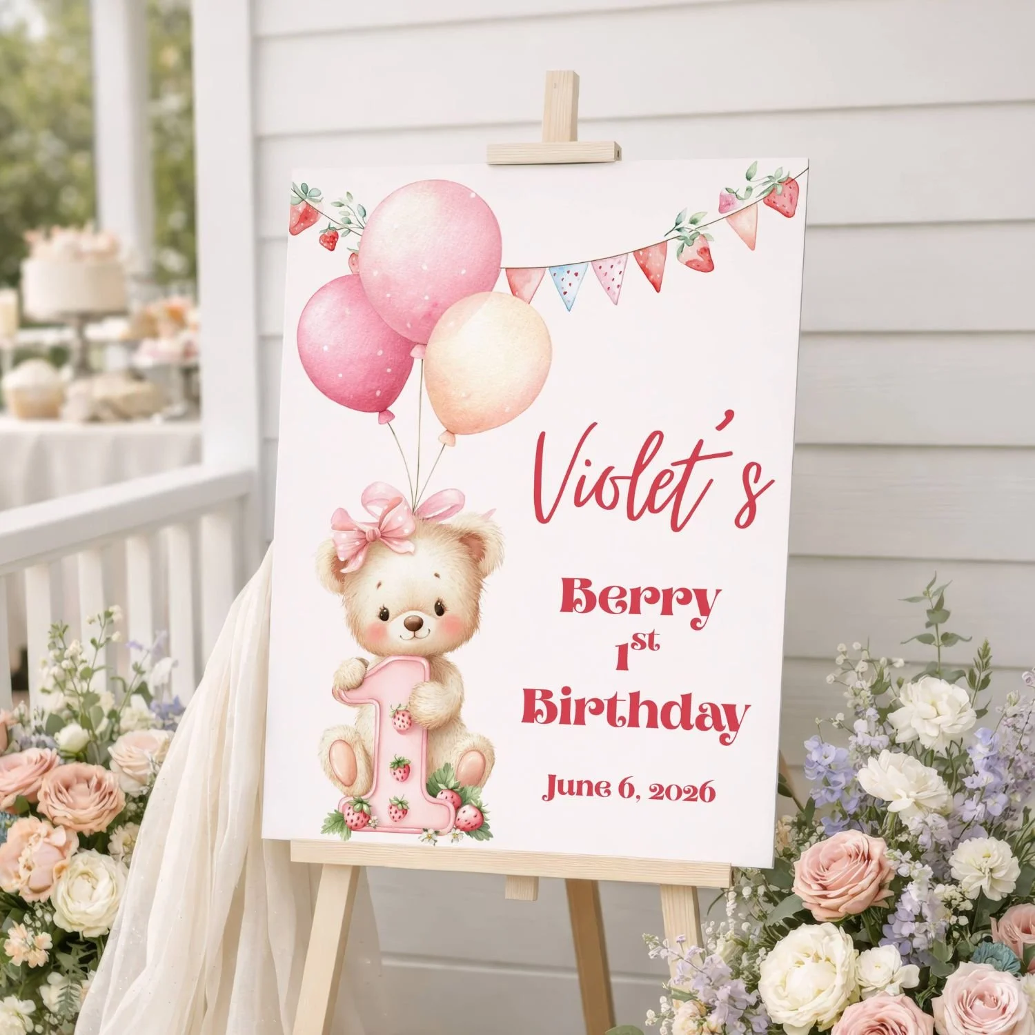 Personalized Berry First Birthday Party Sign, Girl's Bear and Balloons Strawberry Picnic Party Sign #5
