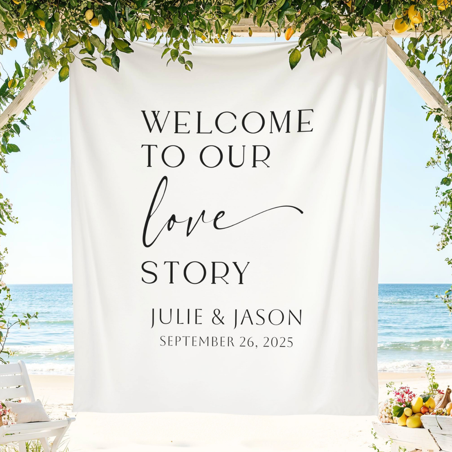 Welcome to Our Love Story Wedding Sign Tapestry | Custom Banner #37