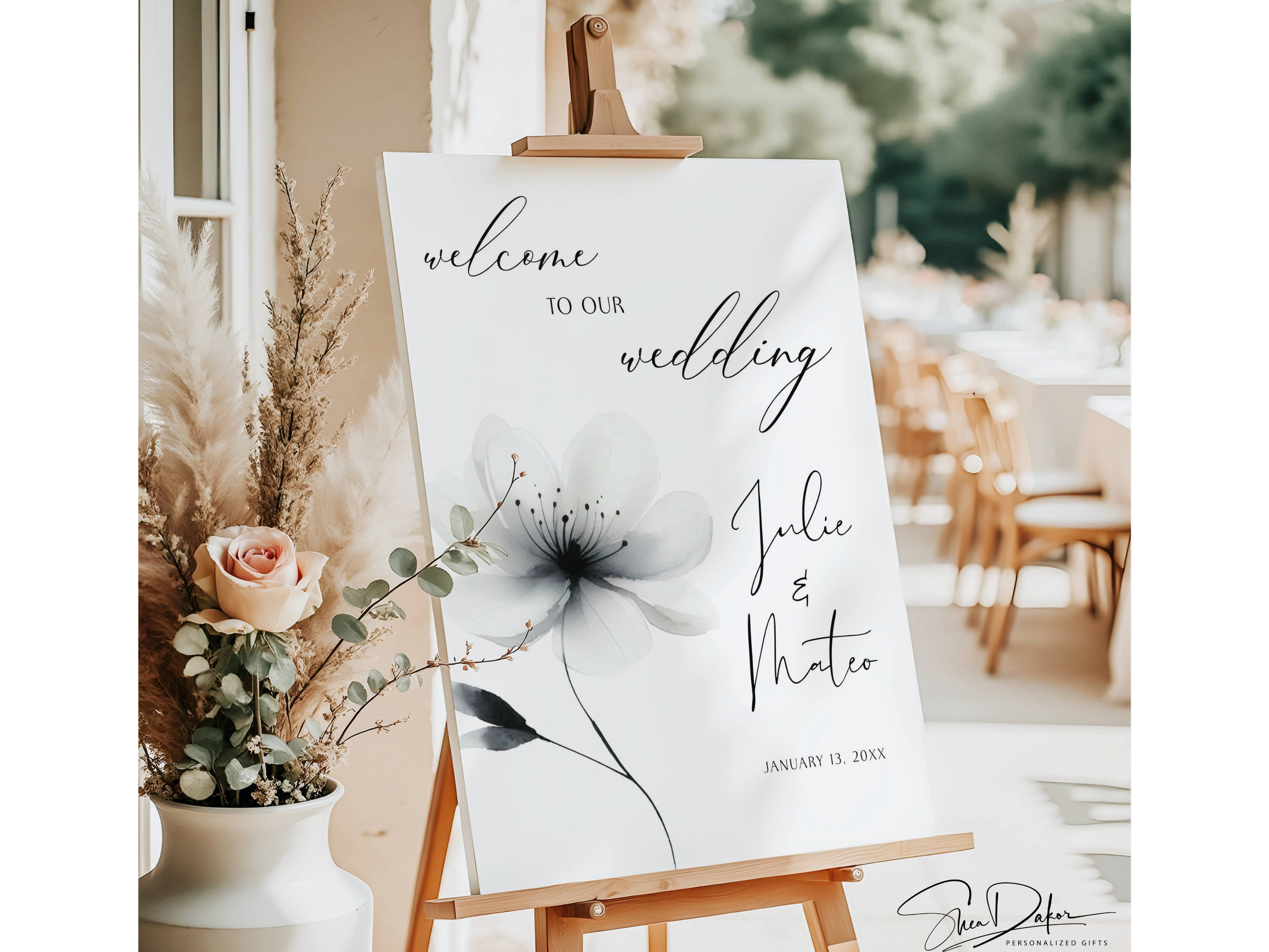 Personalized Abstract Botanical Black & White Welcome to Our Wedding Sign, Printed or Digital #CV29