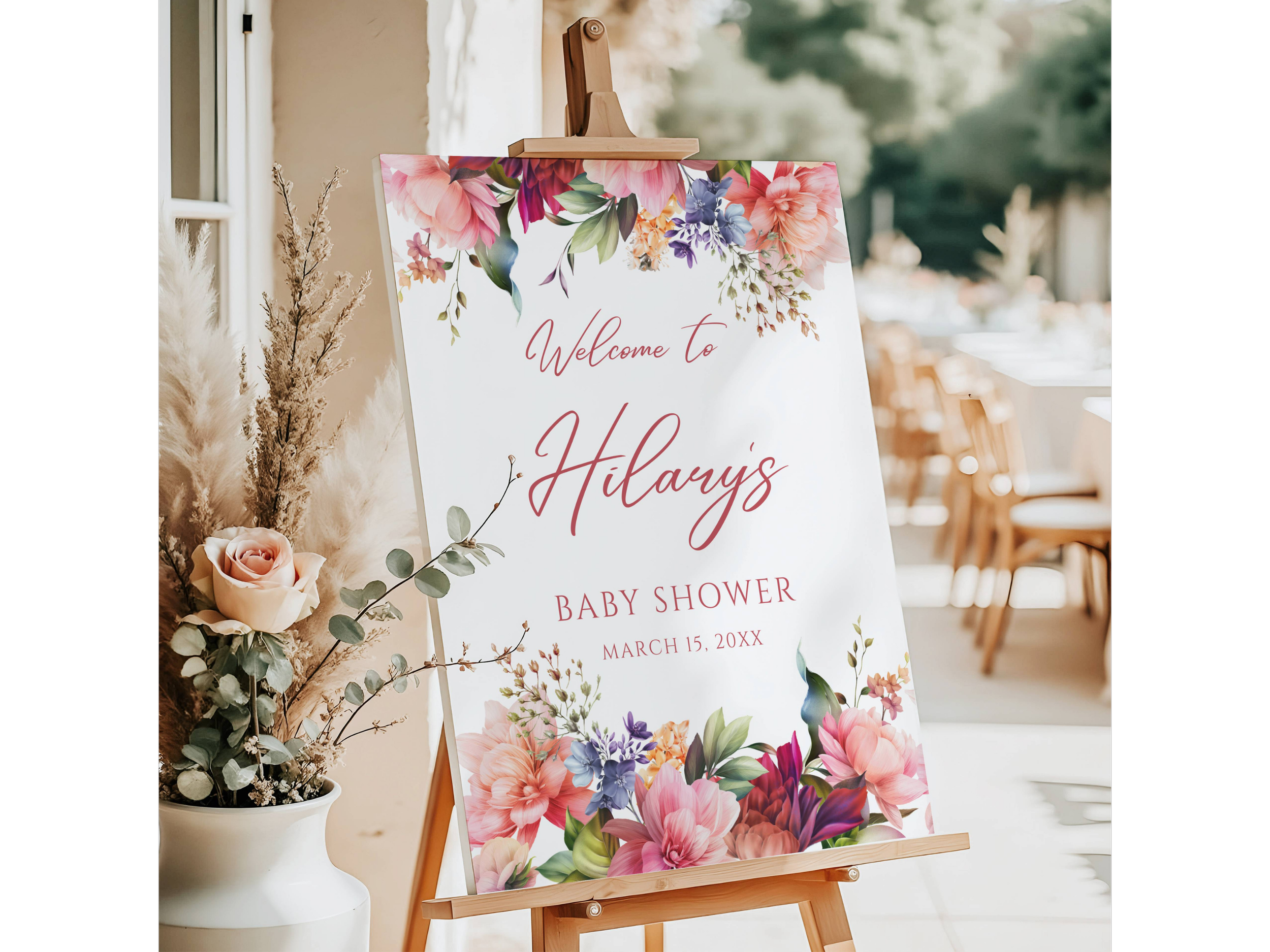 Pink and Burgundy Flower Baby Shower Welcome Sign #25