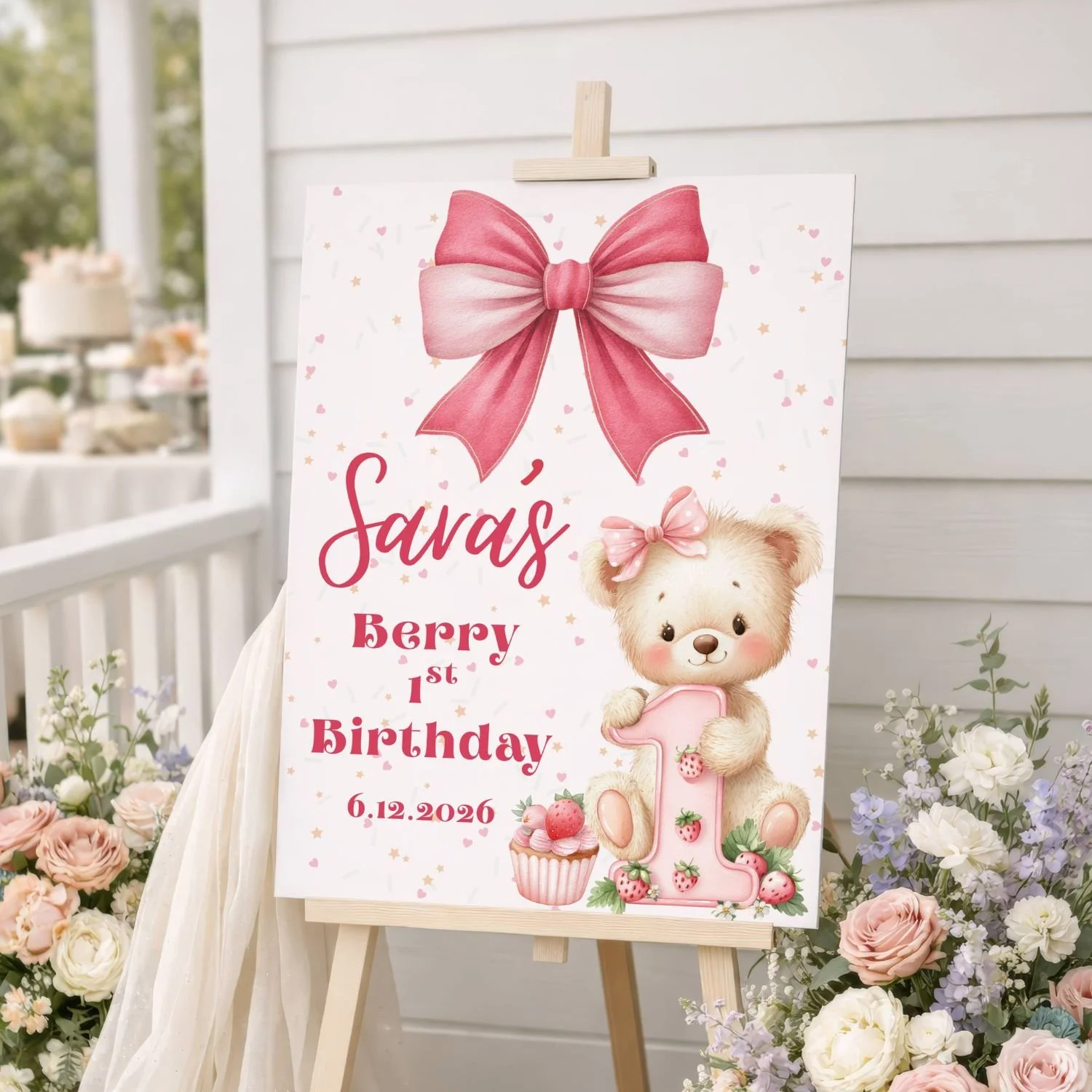 Berry Sweet One Birthday Sign, Pink Cupcake Girl 1st Party Poster, Strawberry and Teddy Bear Welcome Board  #4