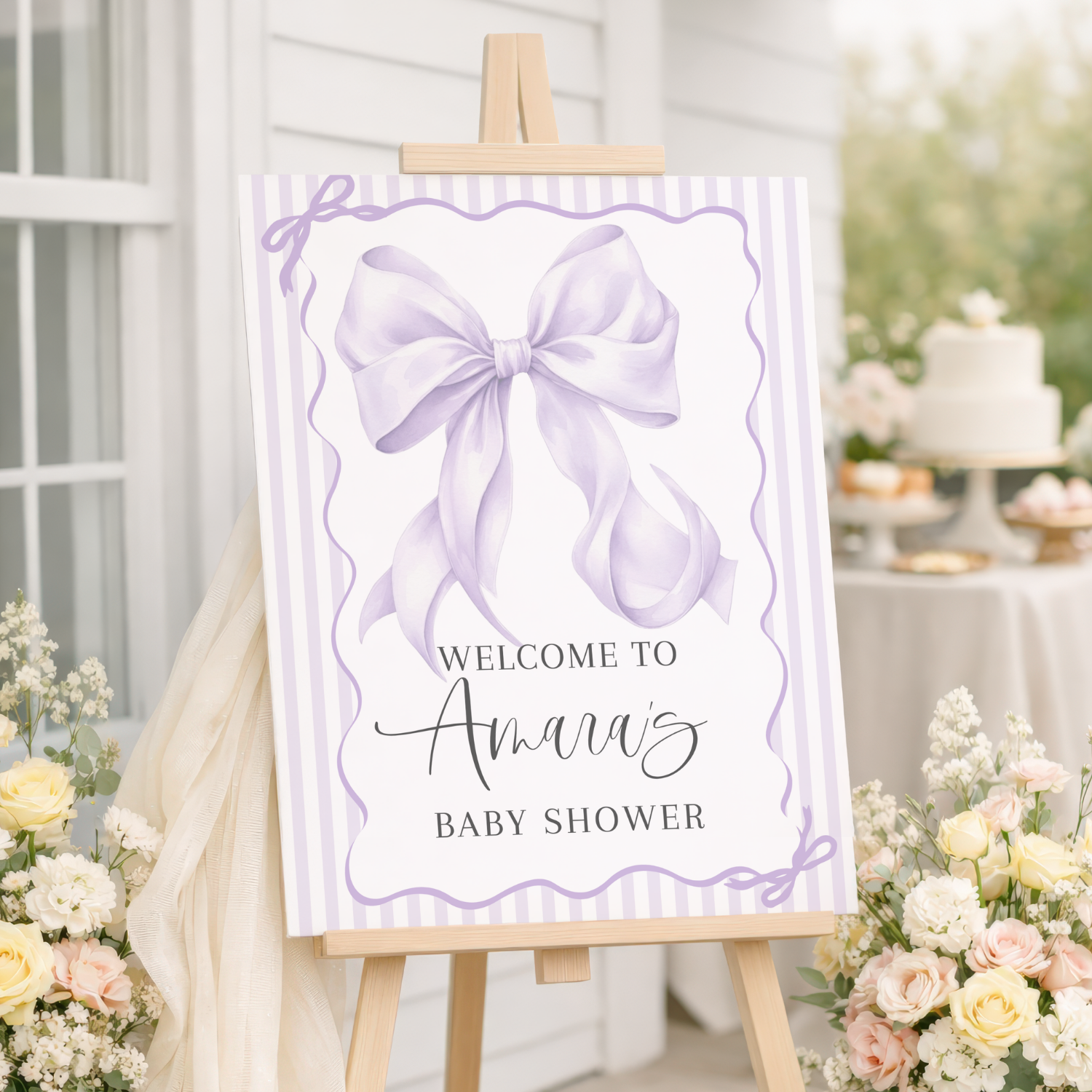 Lavender Coquette Bow Striped Baby Shower Welcome Sign #161