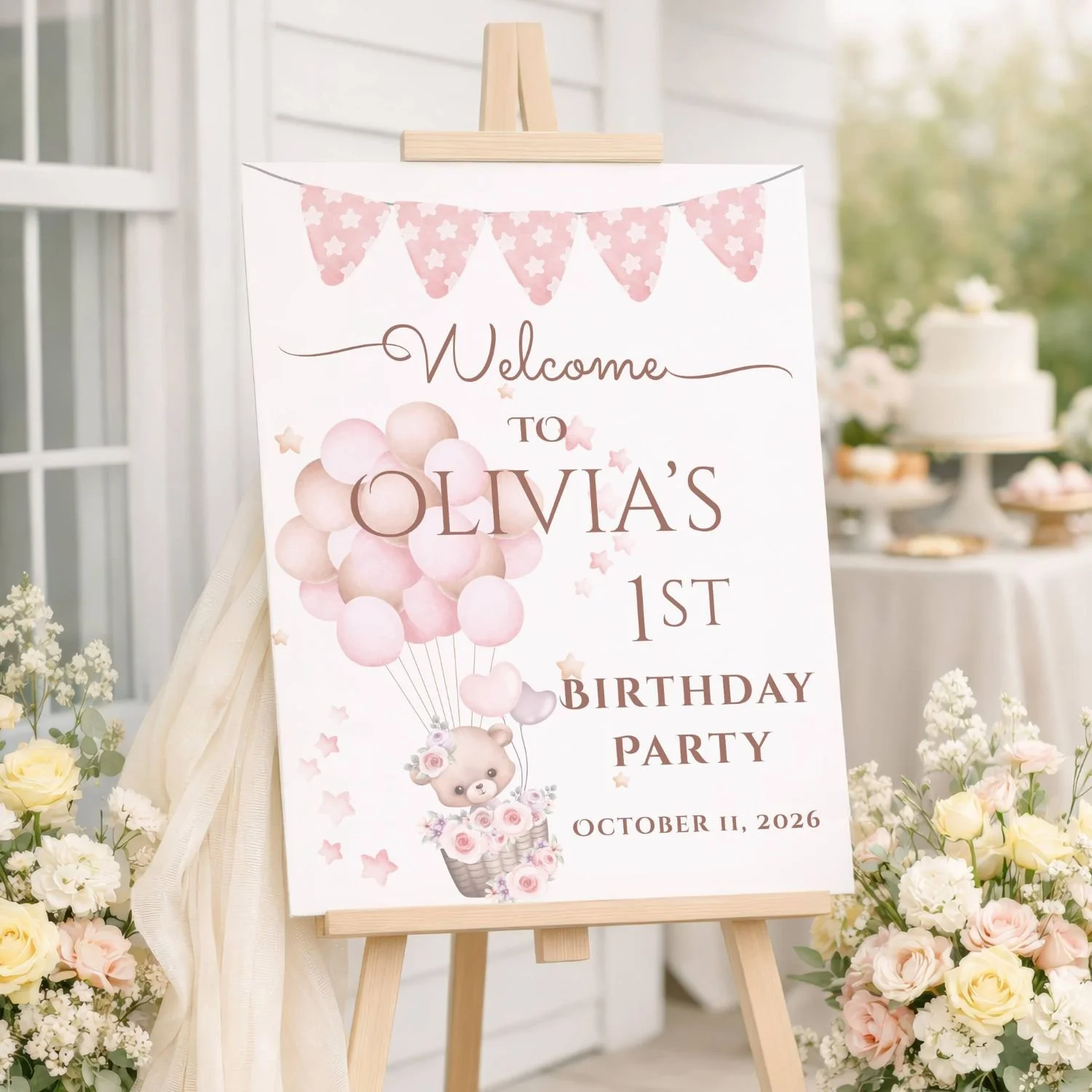 Girl's 1st Birthday Welcome Sign, Sweet Teddy Bear with Pink Balloons Party Decor #1