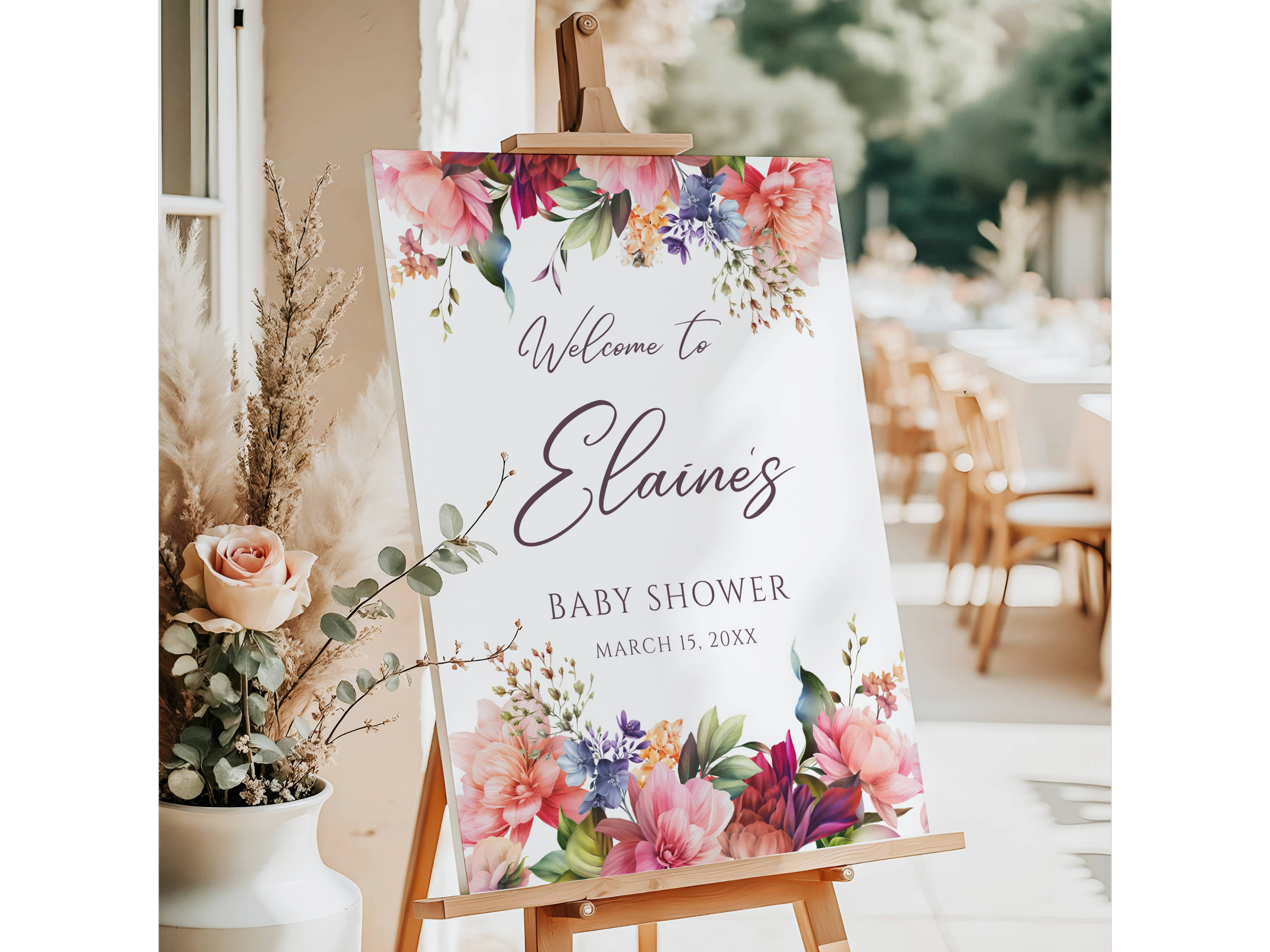 Pink & Burgundy Flowers Baby Shower Welcome Sign #4