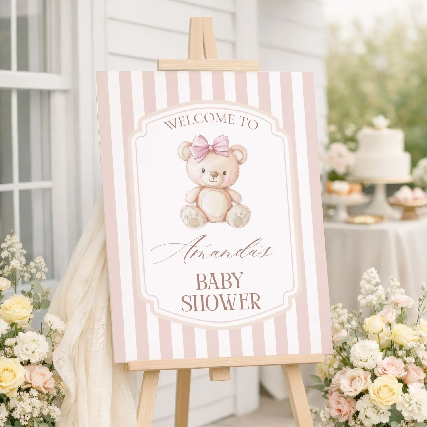 Blush Pink Bow Teddy Bear Girl Baby Shower Welcome Sign-#111