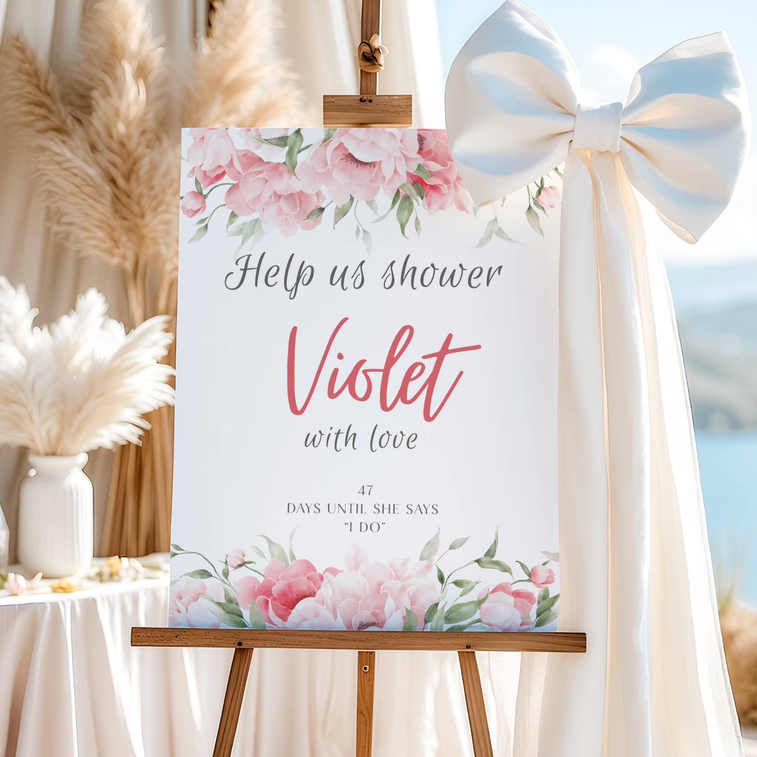 Pink Peonies Bridal Shower Welcome Sign, Floral Wedding Decor #10