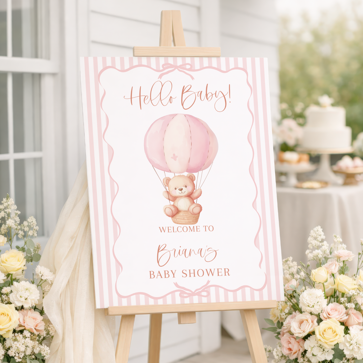 Blush Pink Teddy Bear Balloon Girl Baby Shower Welcome Sign-#135