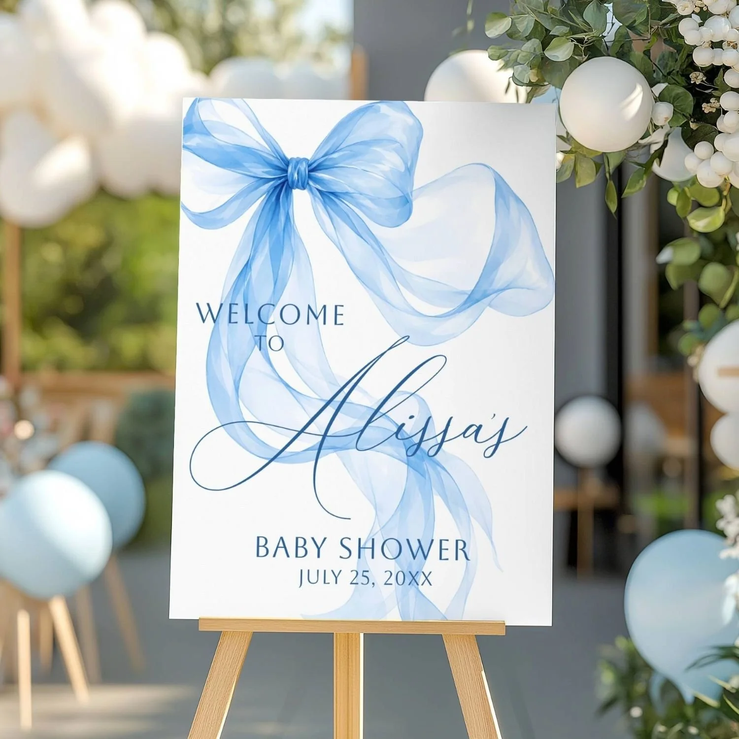 Blue Coquette Bow Boy Baby Shower Welcome Sign, Watercolor Ribbon Shower Decorations #184