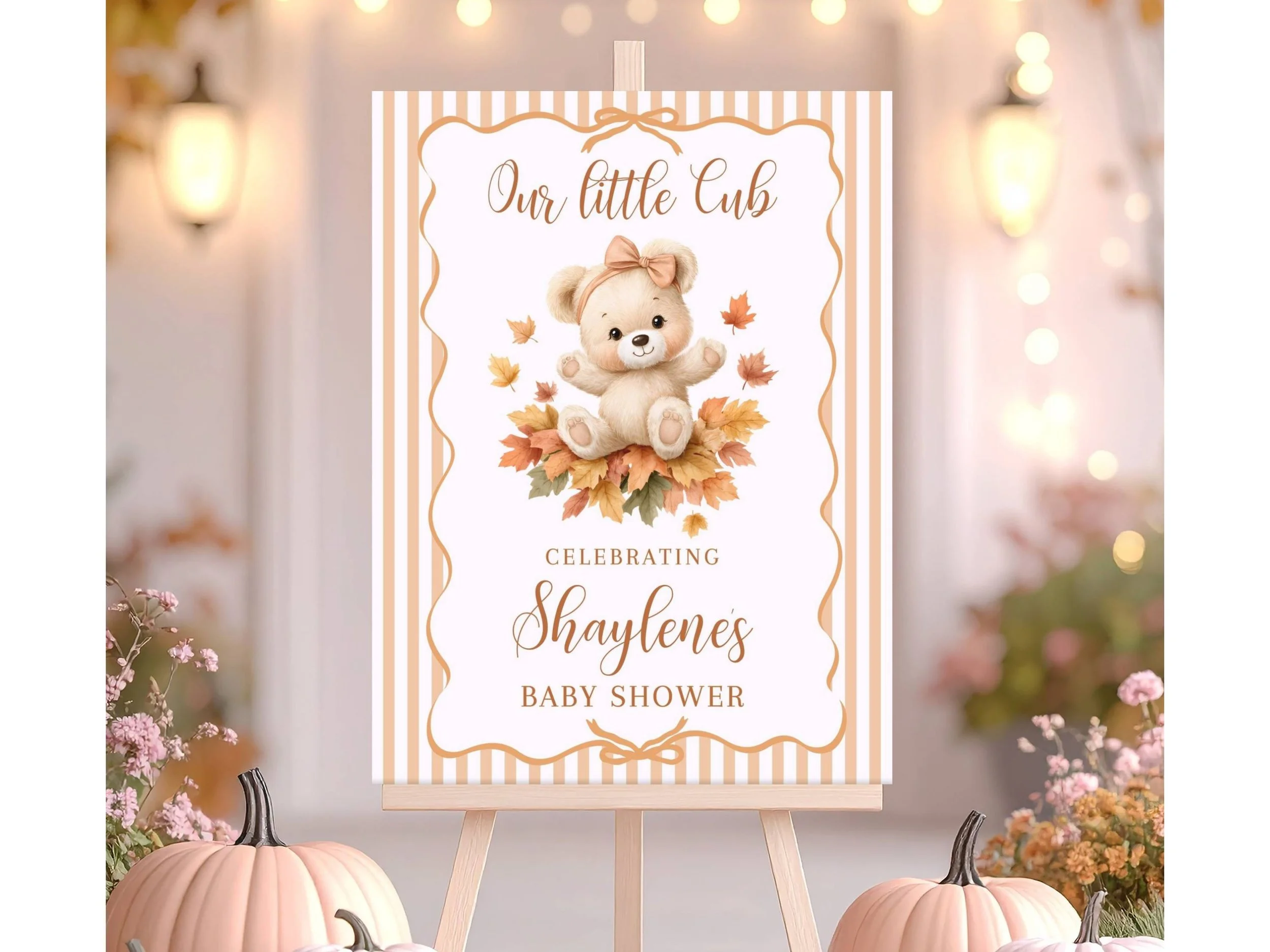 Our Little Cub Baby Shower Welcome Sign for Girl, Fall Teddy Bear Autumn Theme F33