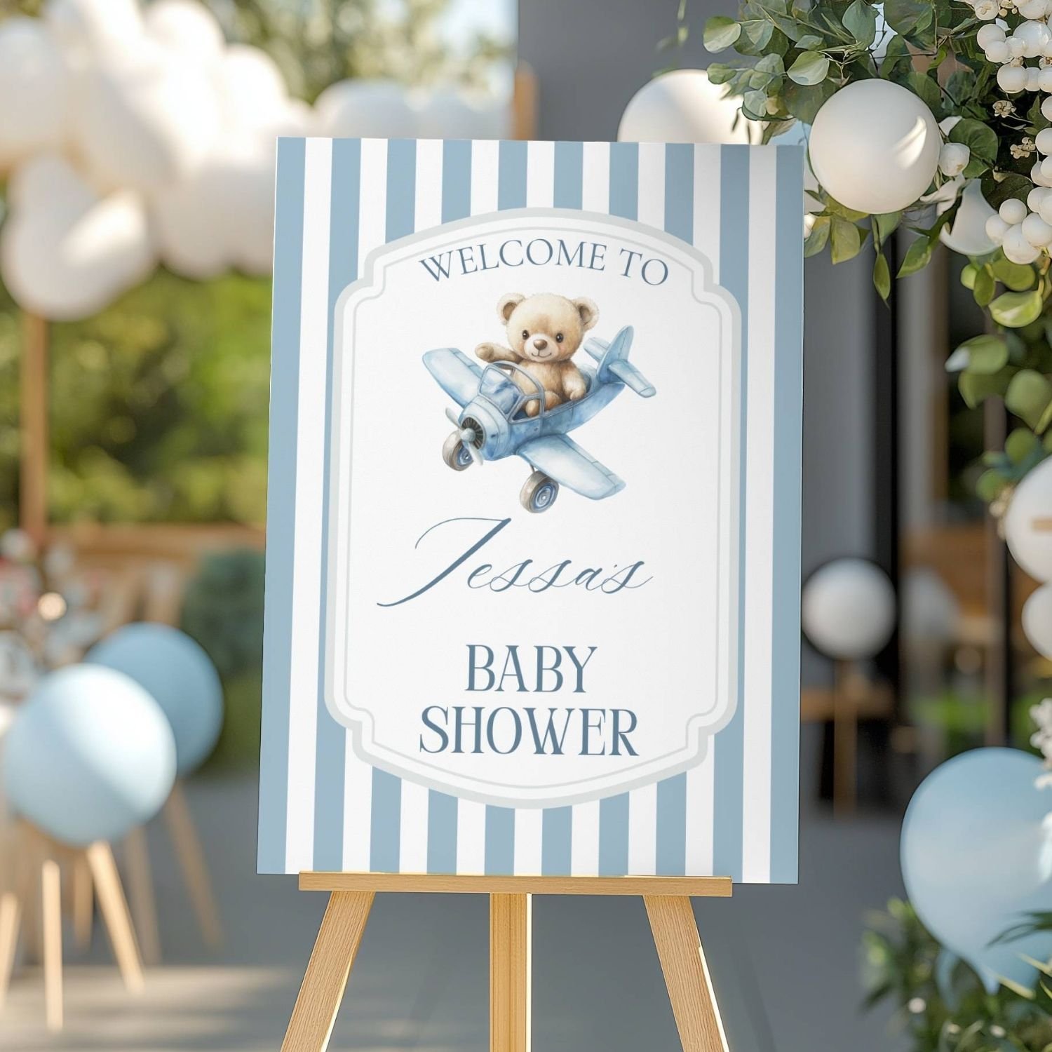 Aviator Teddy Bear Blue Striped Boy Baby Shower Welcome Sign-#120