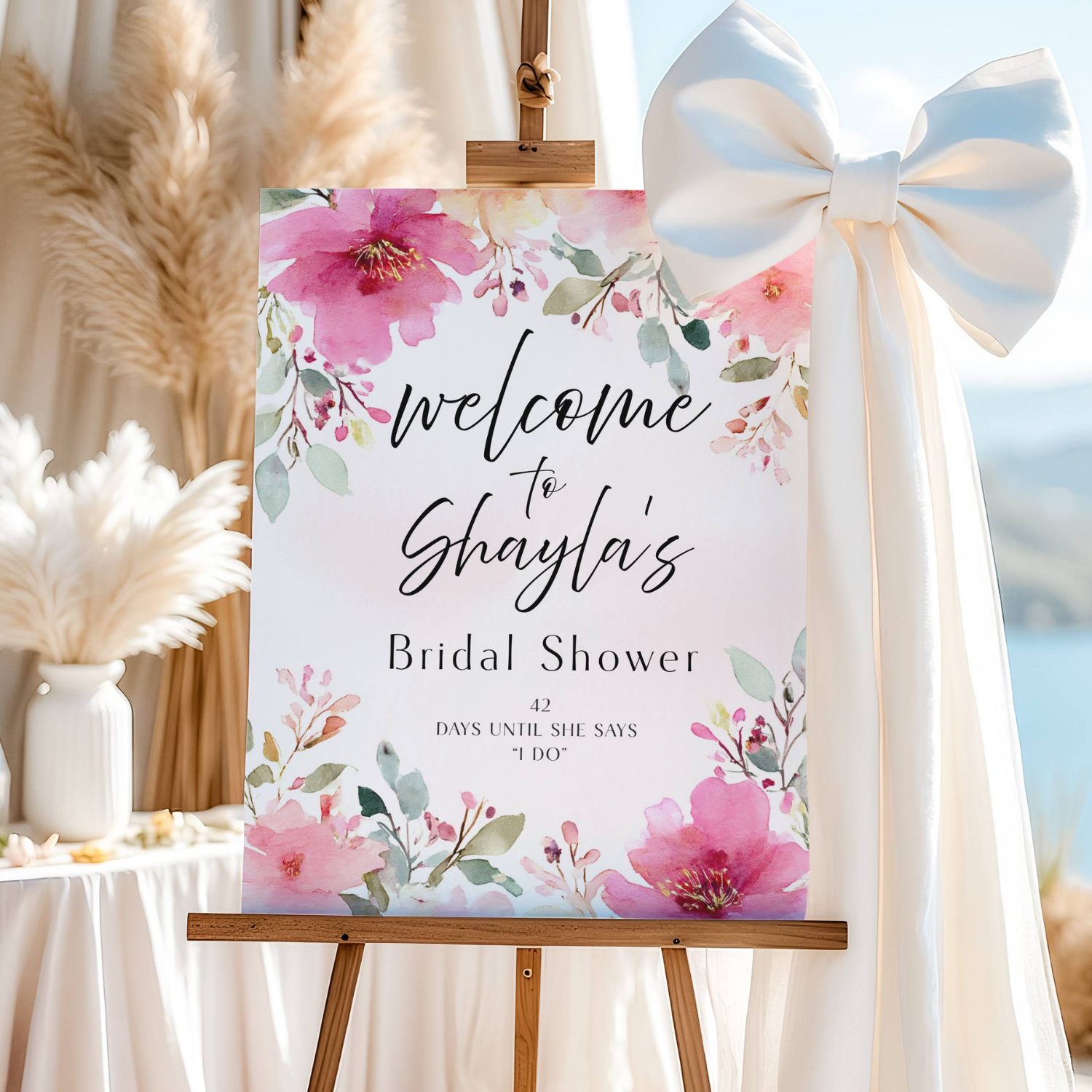 Pink Floral Bridal Shower Welcome Sign, Custom Elegant Poster #3