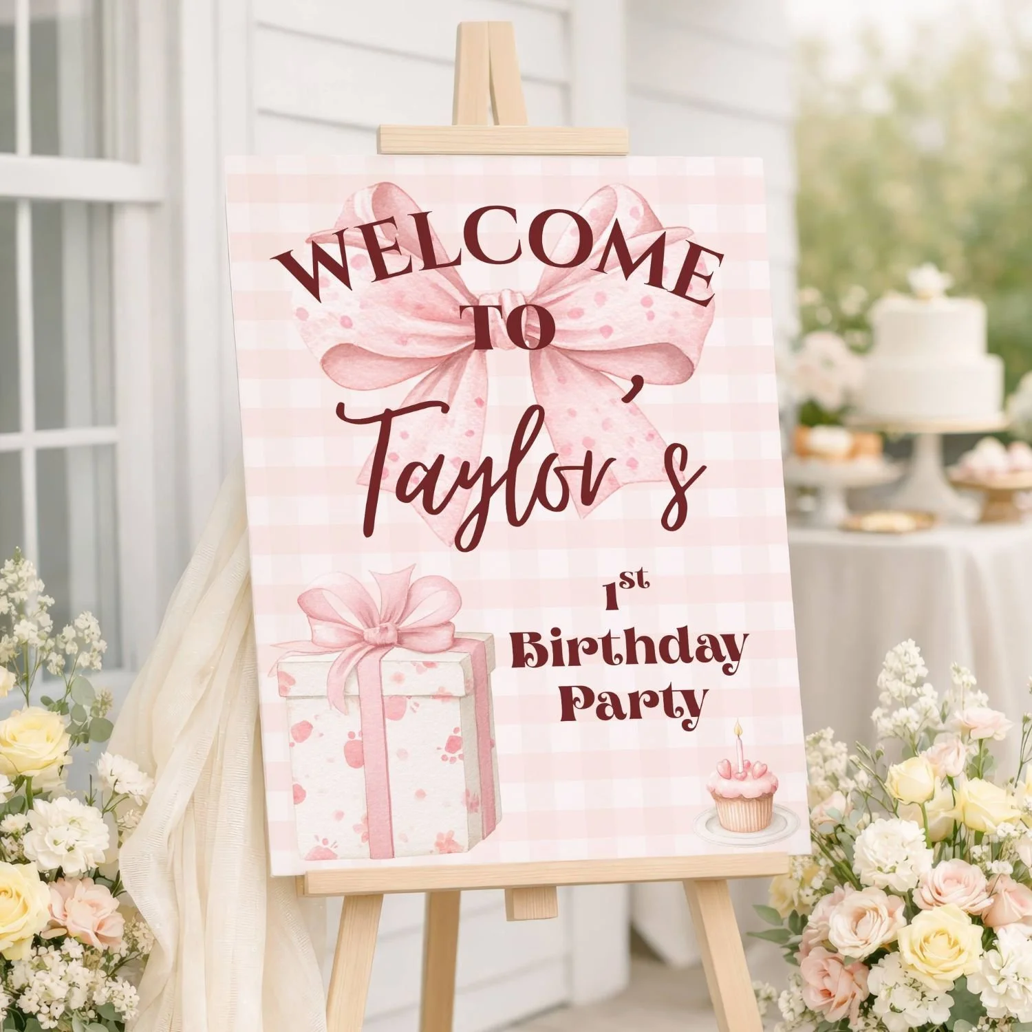 Pink Gingham Coquette Bow First Birthday Welcome Sign, Custom Cupcake Gift Box Party Poster #8
