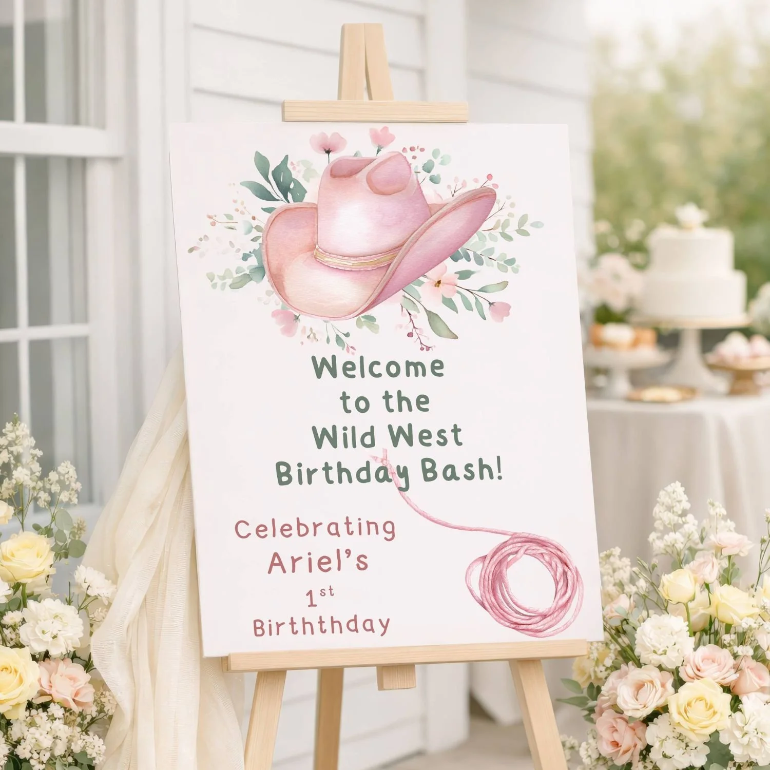 Pink Cowgirl Hat Welcome to the Wild West Birthday Bash Sign, Lasso Rope Western Party Poster, Foam Board, Canvas #20