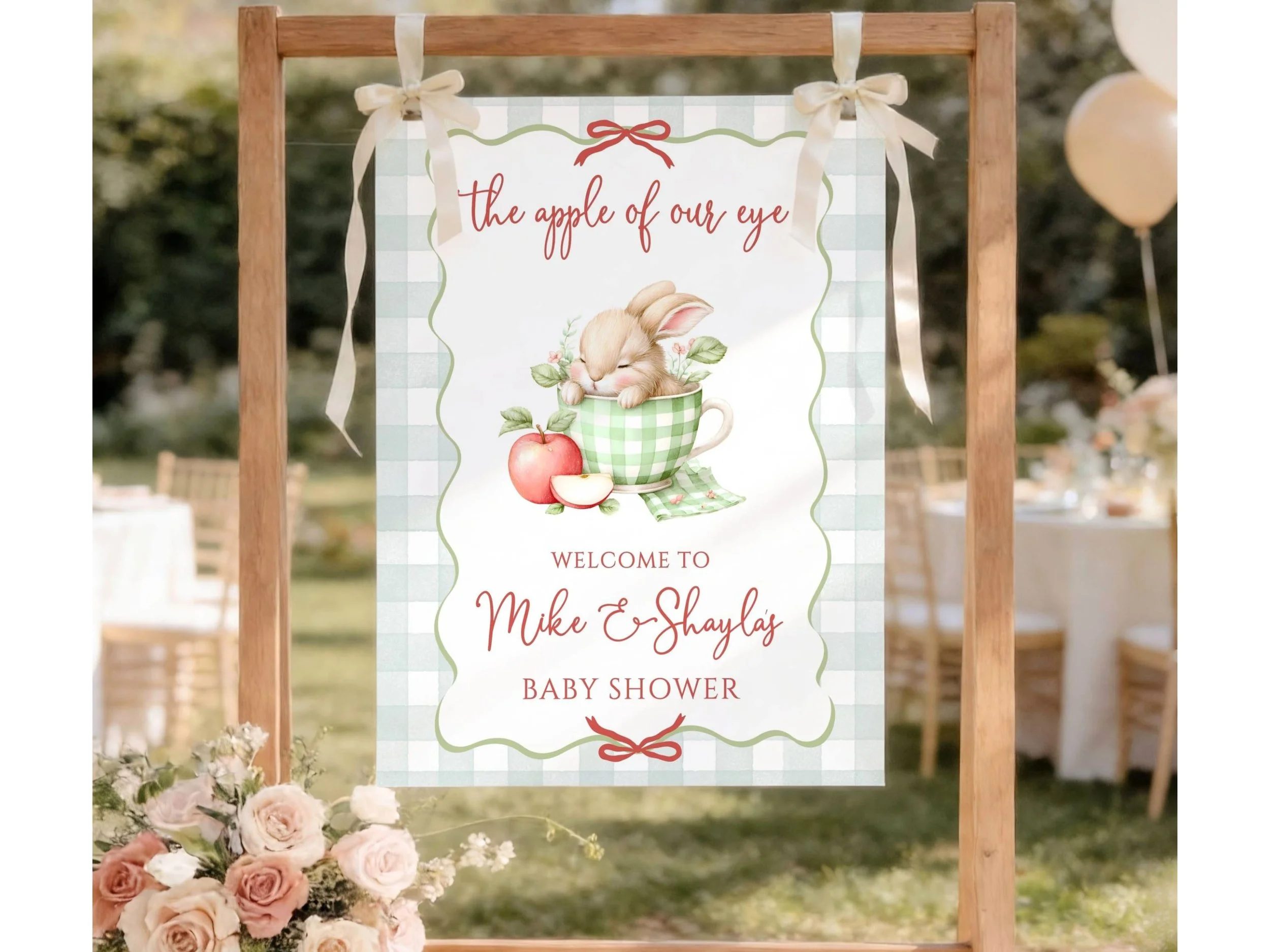 Apple of Our Eye Fall Baby Shower Welcome Sign, Green Gingham Baby Bunny Poster F19