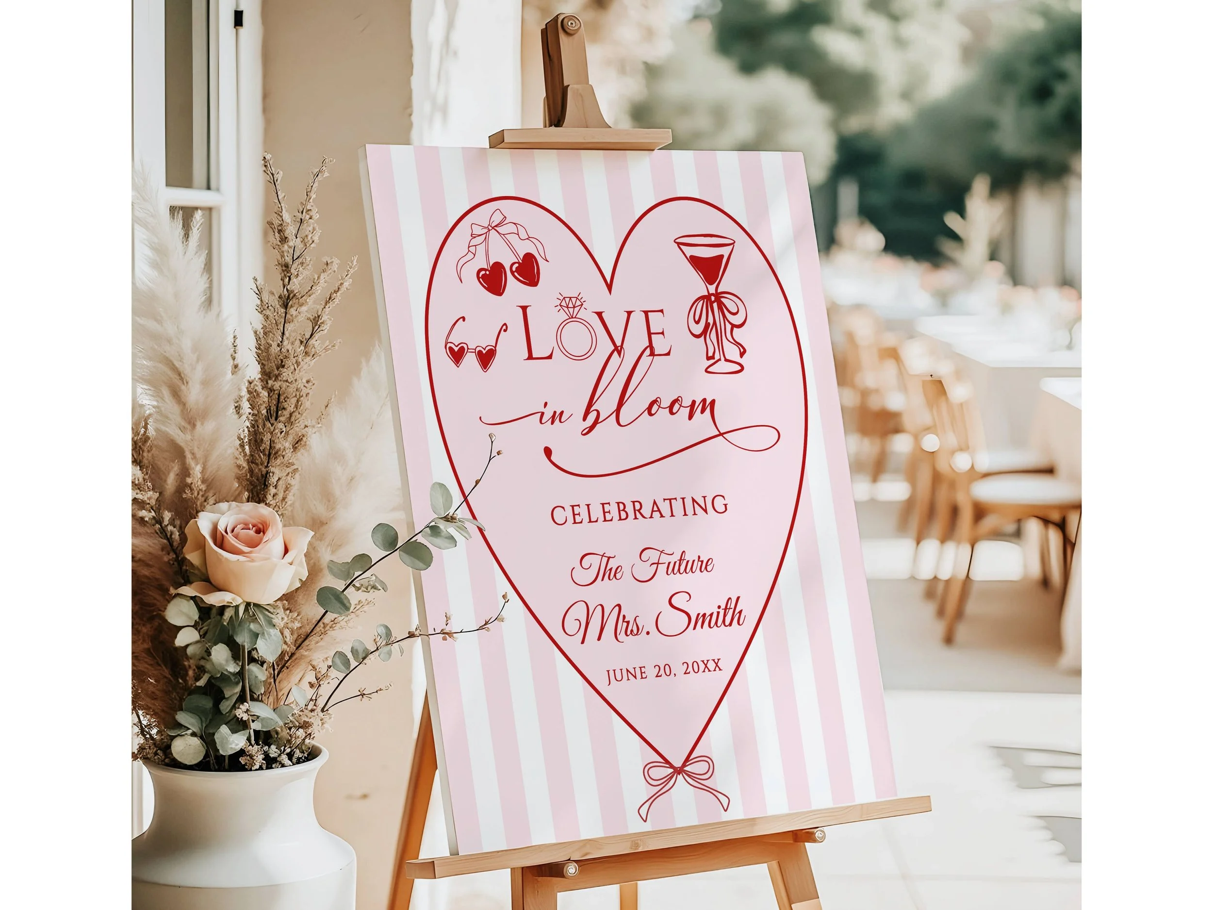 Retro "Love in Bloom" Pink Striped Heart Bridal Shower Welcome Sign #58