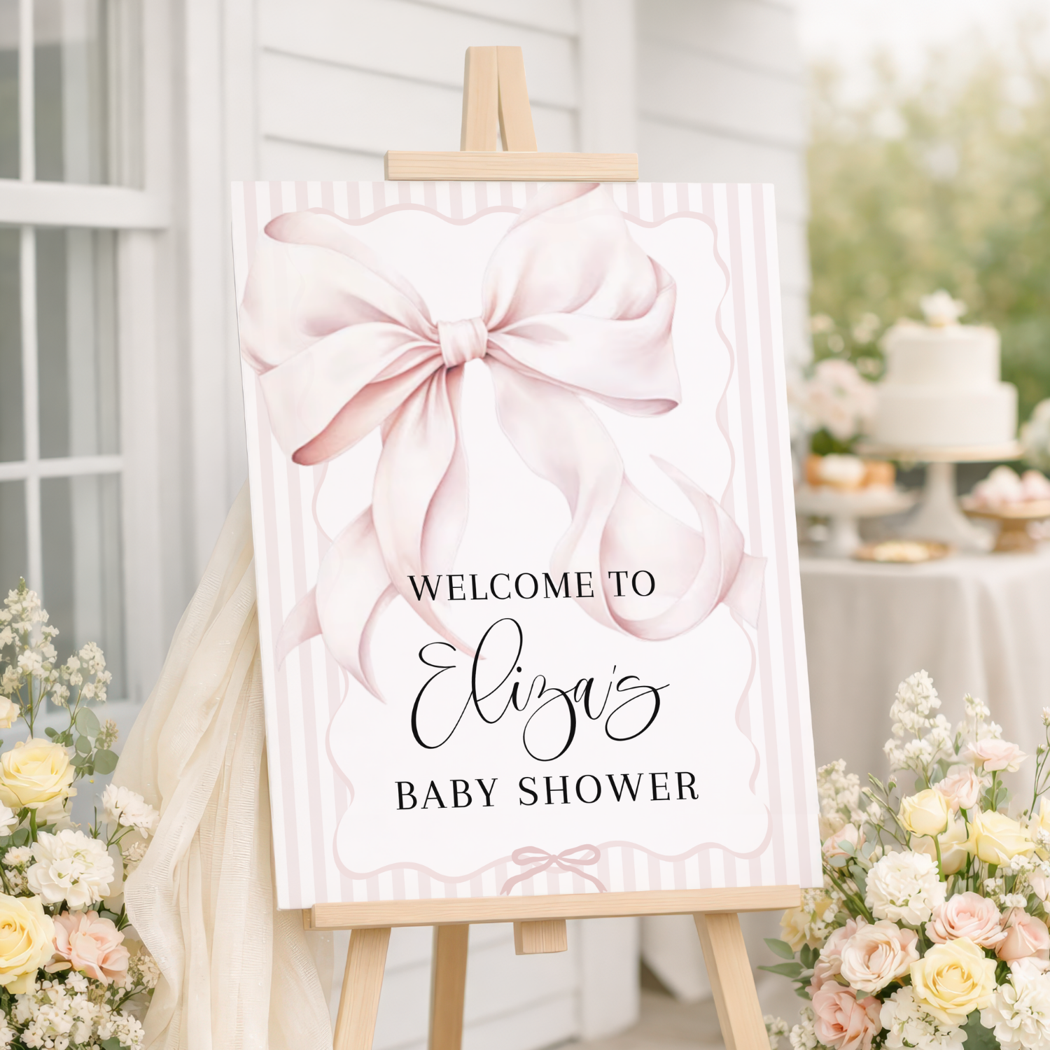 Blush Pink Coquette Bow Striped Baby Shower Welcome Sign #163