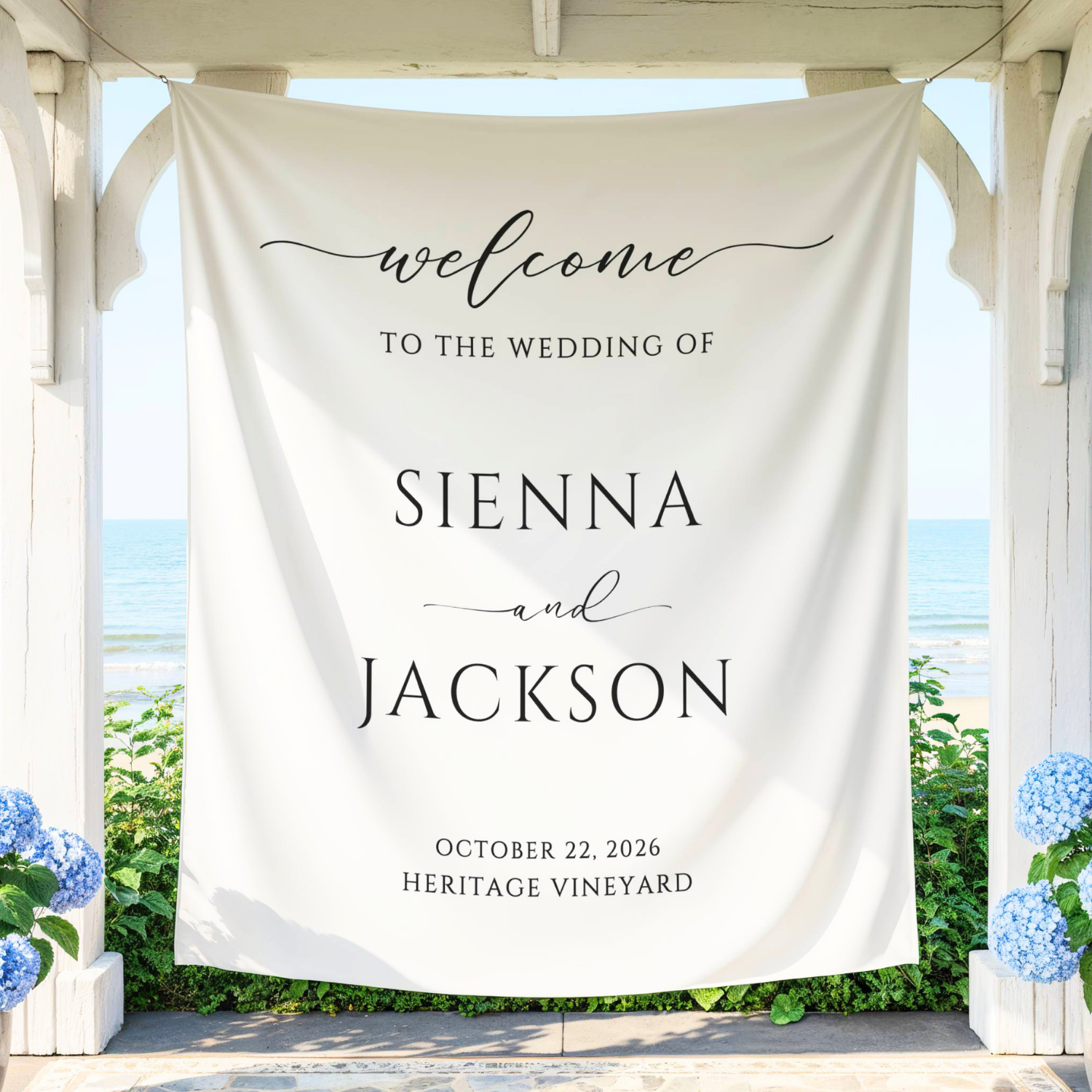 Modern Wedding Welcome Banner, Fabric Wedding Sign, Custom Couples Name Tapestry #15