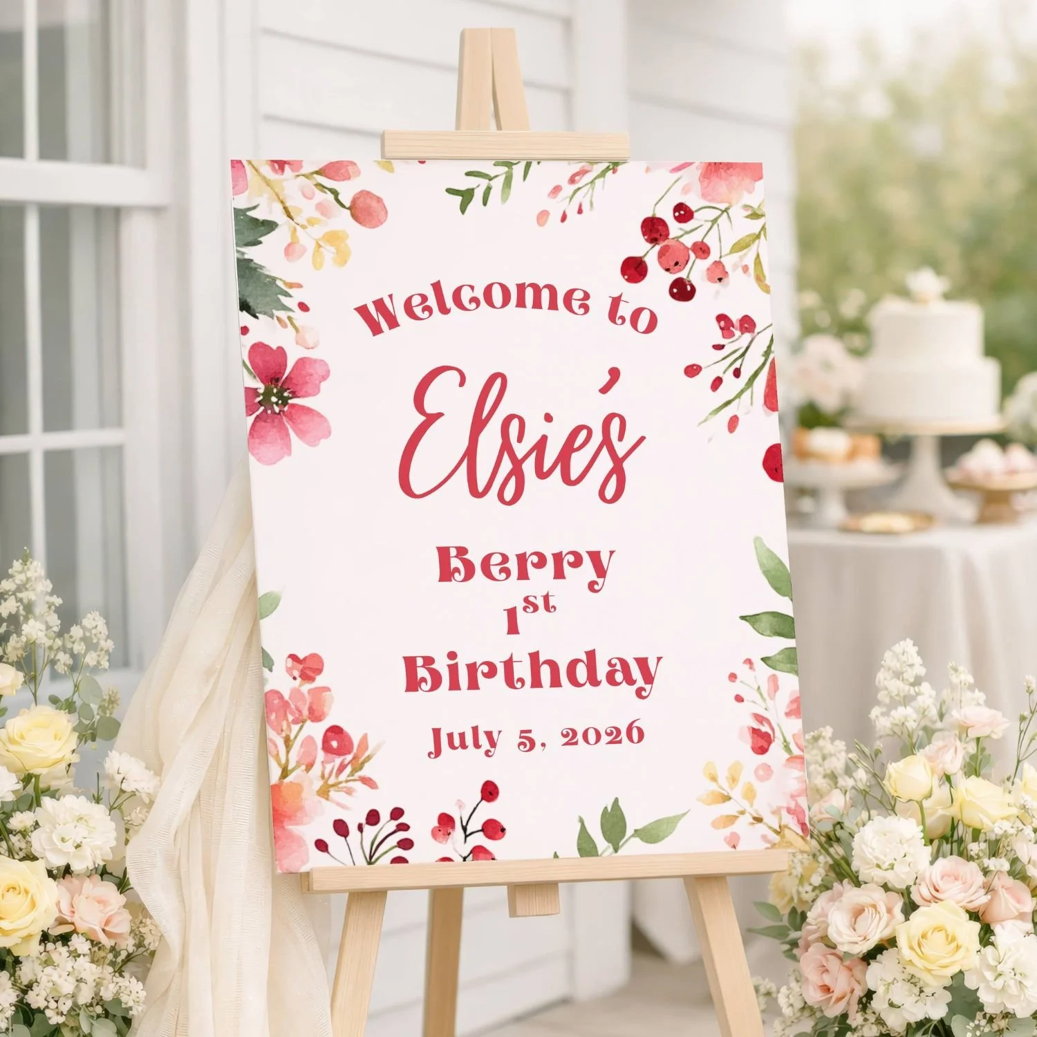 Personalized Berry First Birthday Pink Garden Floral Party Sign #6