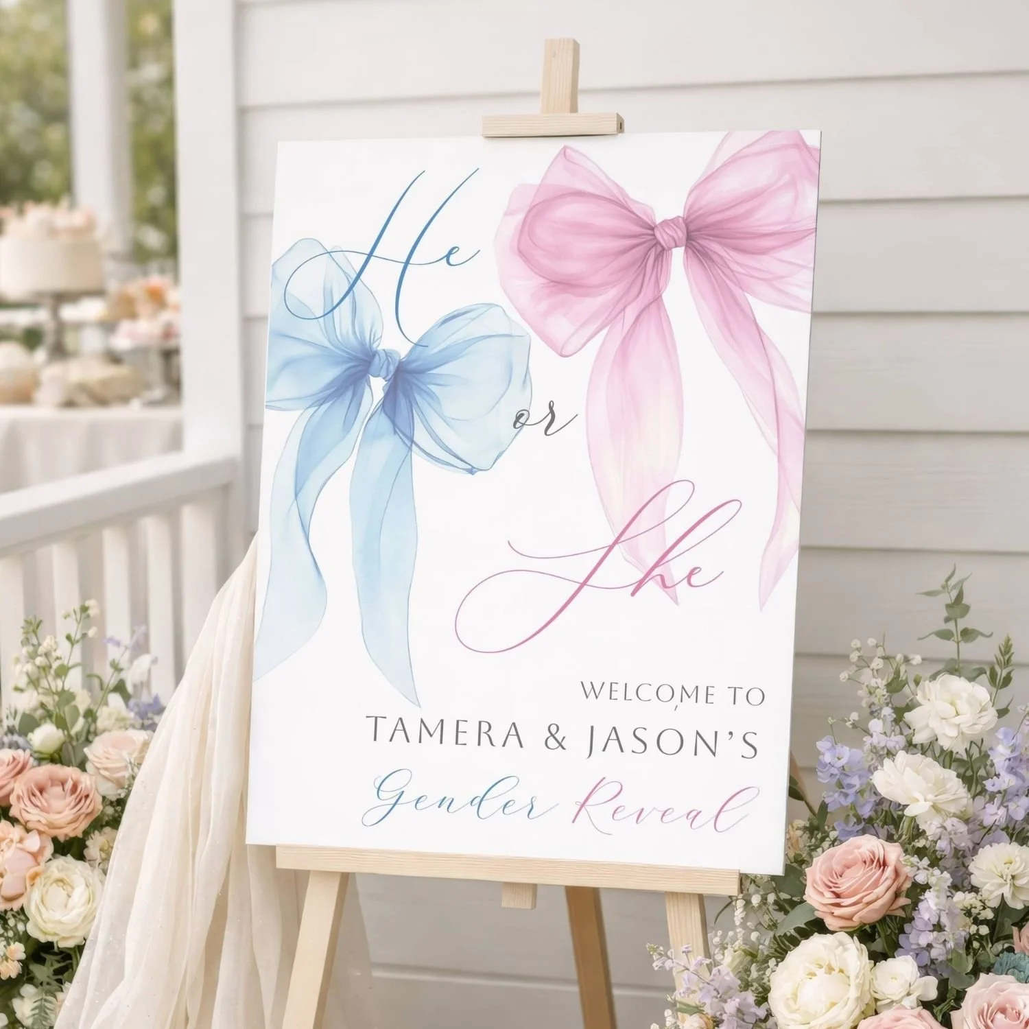 He or She Bow Gender Reveal Welcome Sign, Pink & Blue Ribbon Decor #10