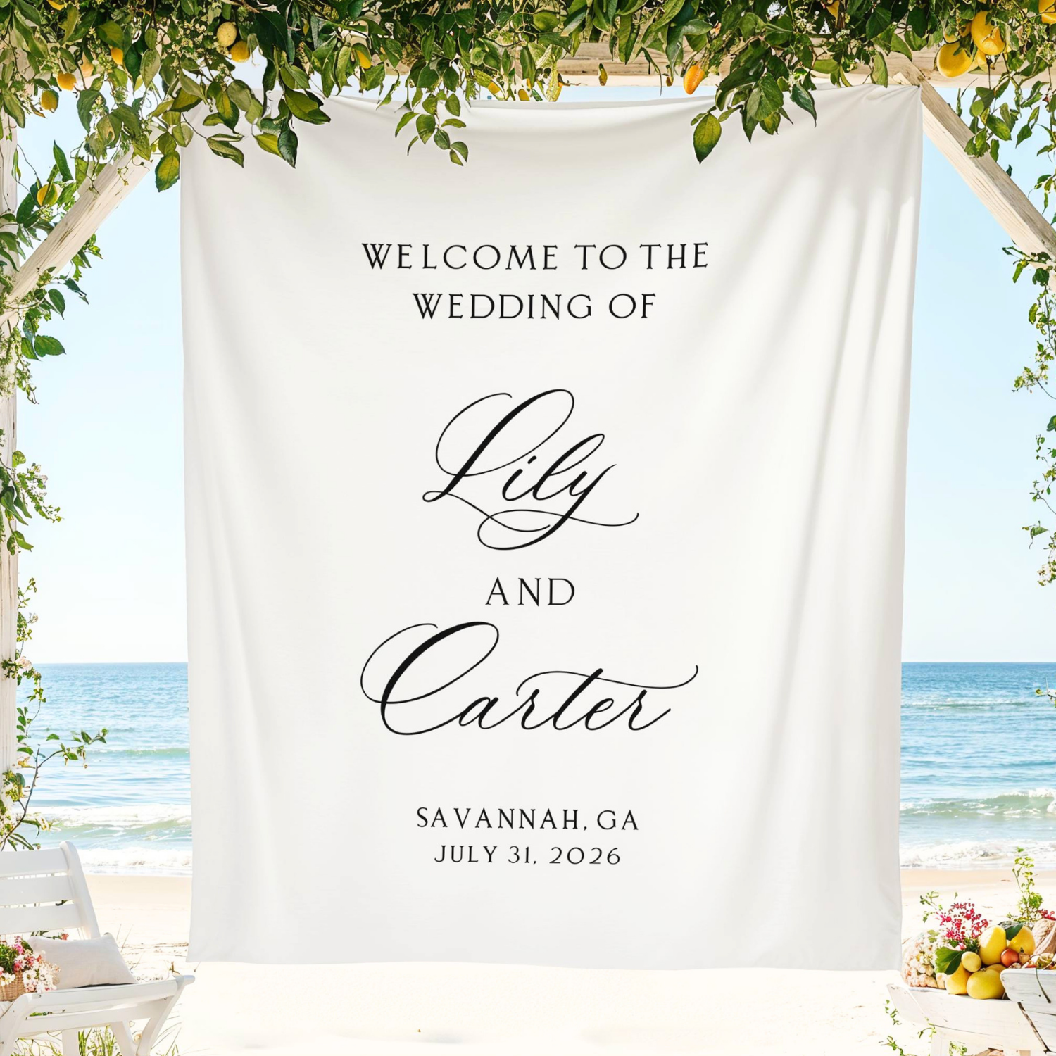 Elegant Wedding Welcome Sign Tapestry, Custom Fabric Banner Ceremony Decor #14