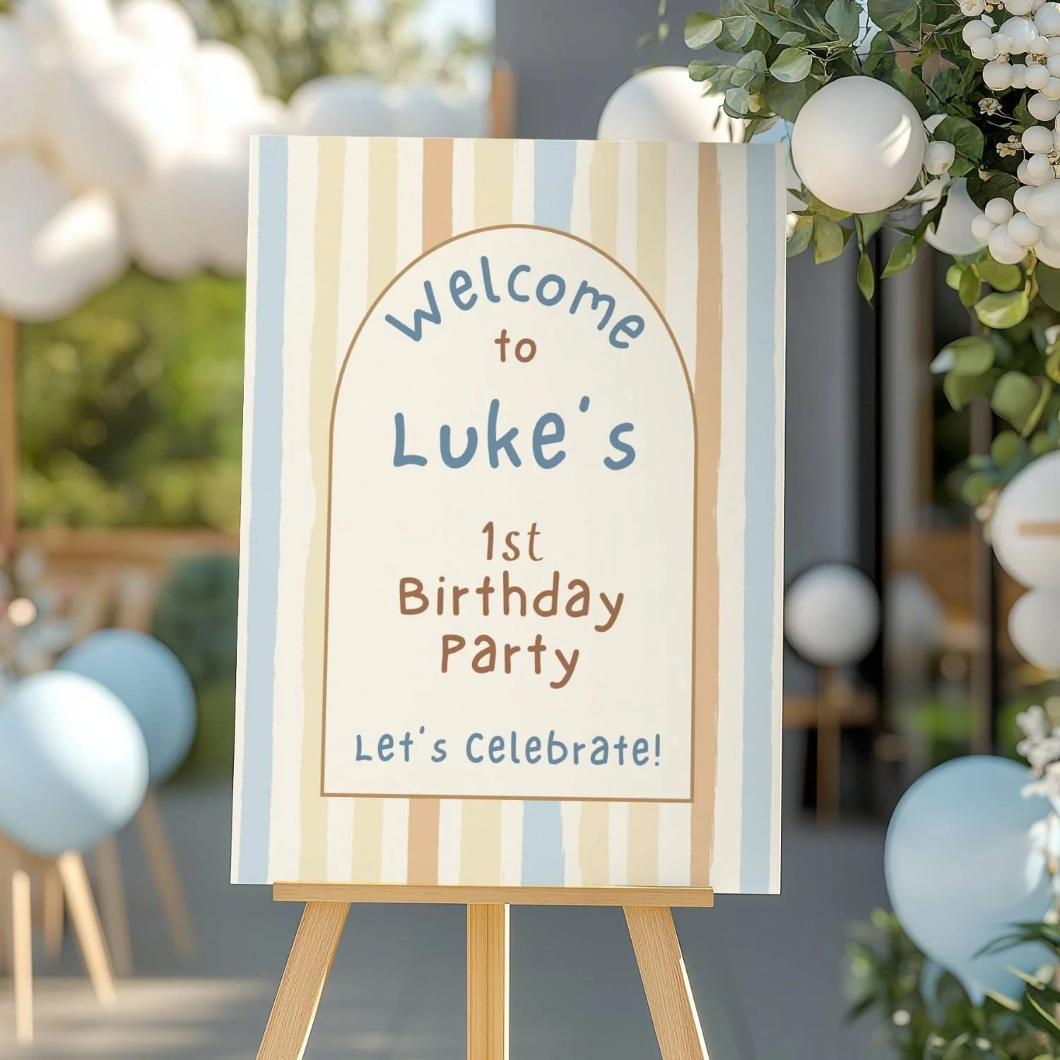 Pastel Stripe Boys First Birthday Welcome Sign | Yellow Blue Orange #31