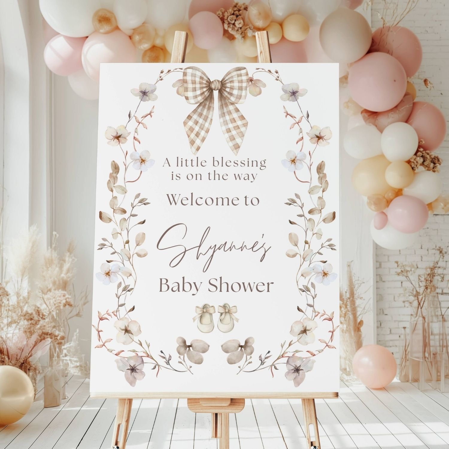Beige Girl Baby Shower Welcome Sign-A Little Blessing-#13 Bow