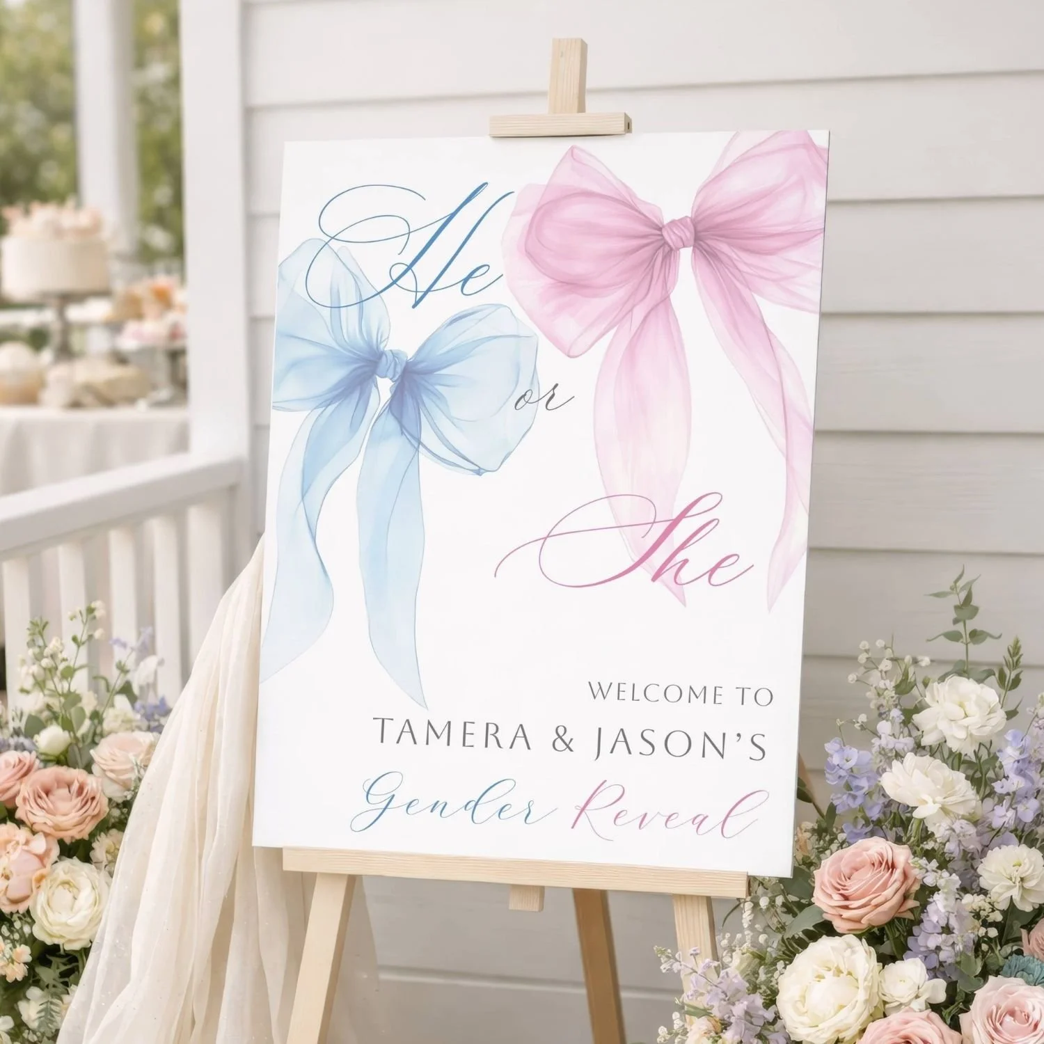 He or She Bow Gender Reveal Welcome Sign, Pink & Blue Ribbon Decor #8