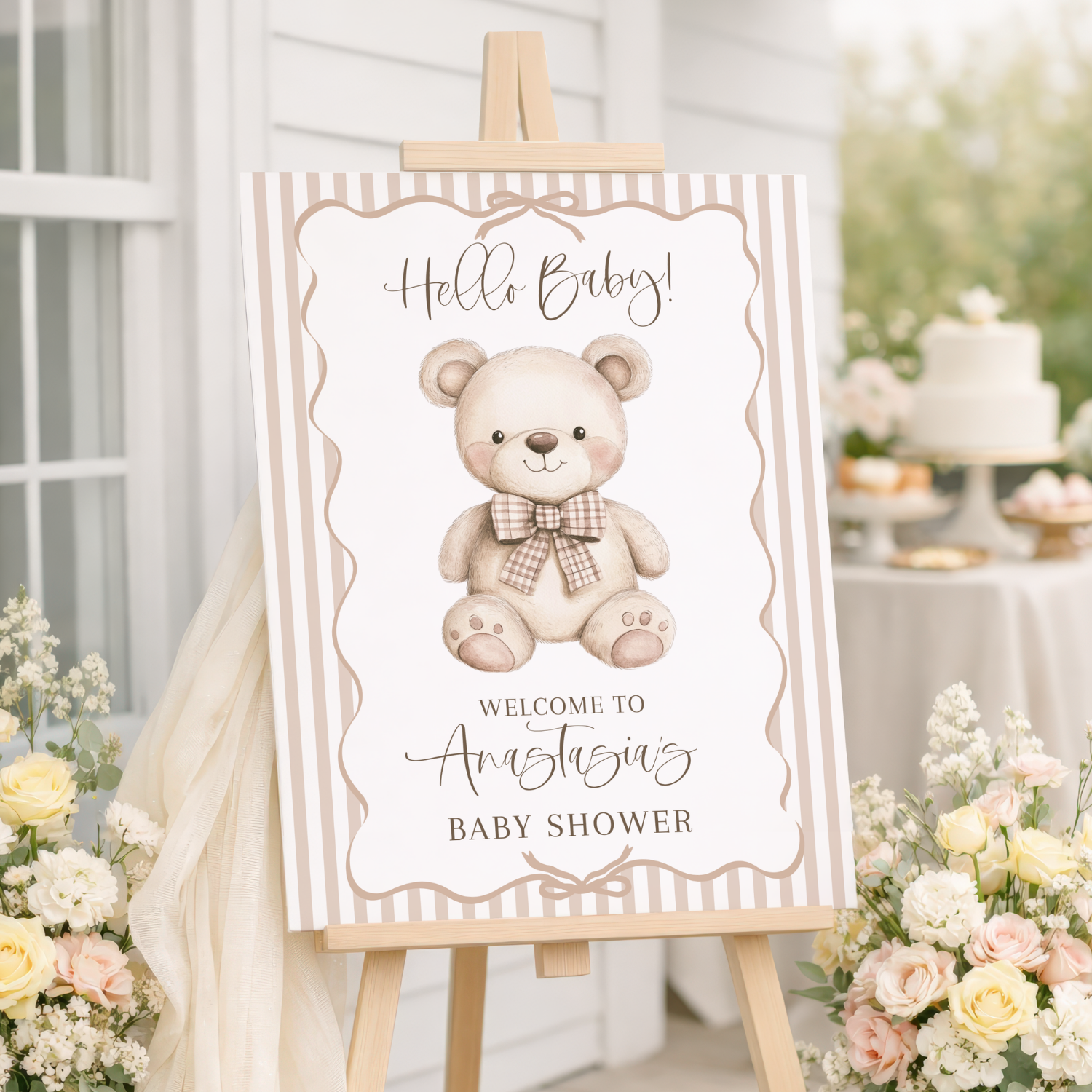 Tan Striped Teddy Bear Baby Shower Welcome Sign-#137