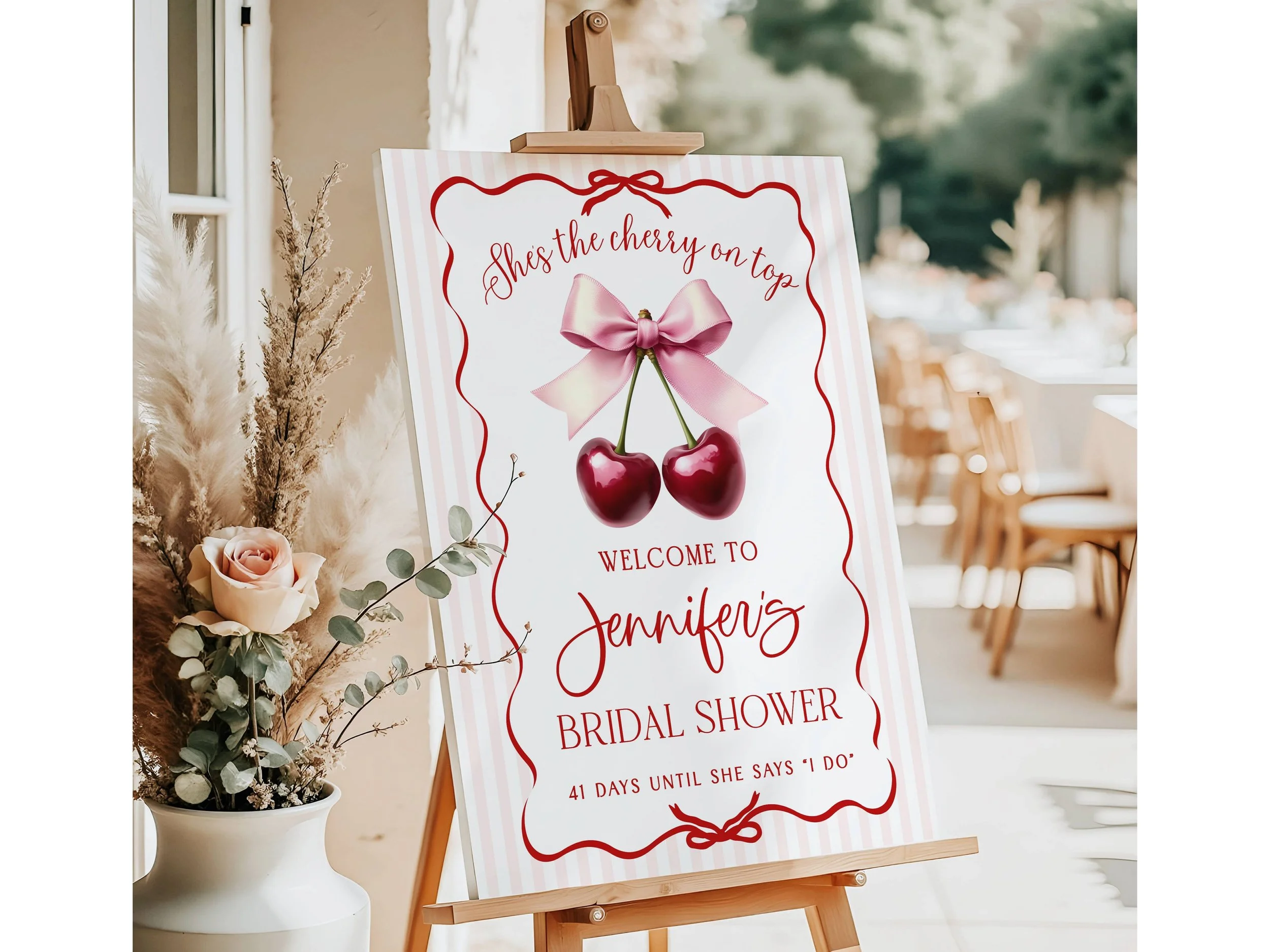 Custom "She's the Cherry on Top!" Pink Striped Bridal Shower Welcome Sign #61