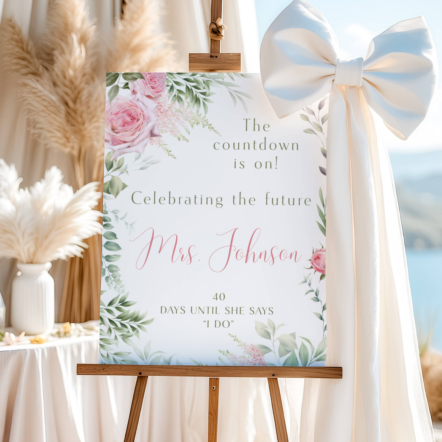 Modern Pink Floral Bridal Shower Welcome Sign with Greenery #7