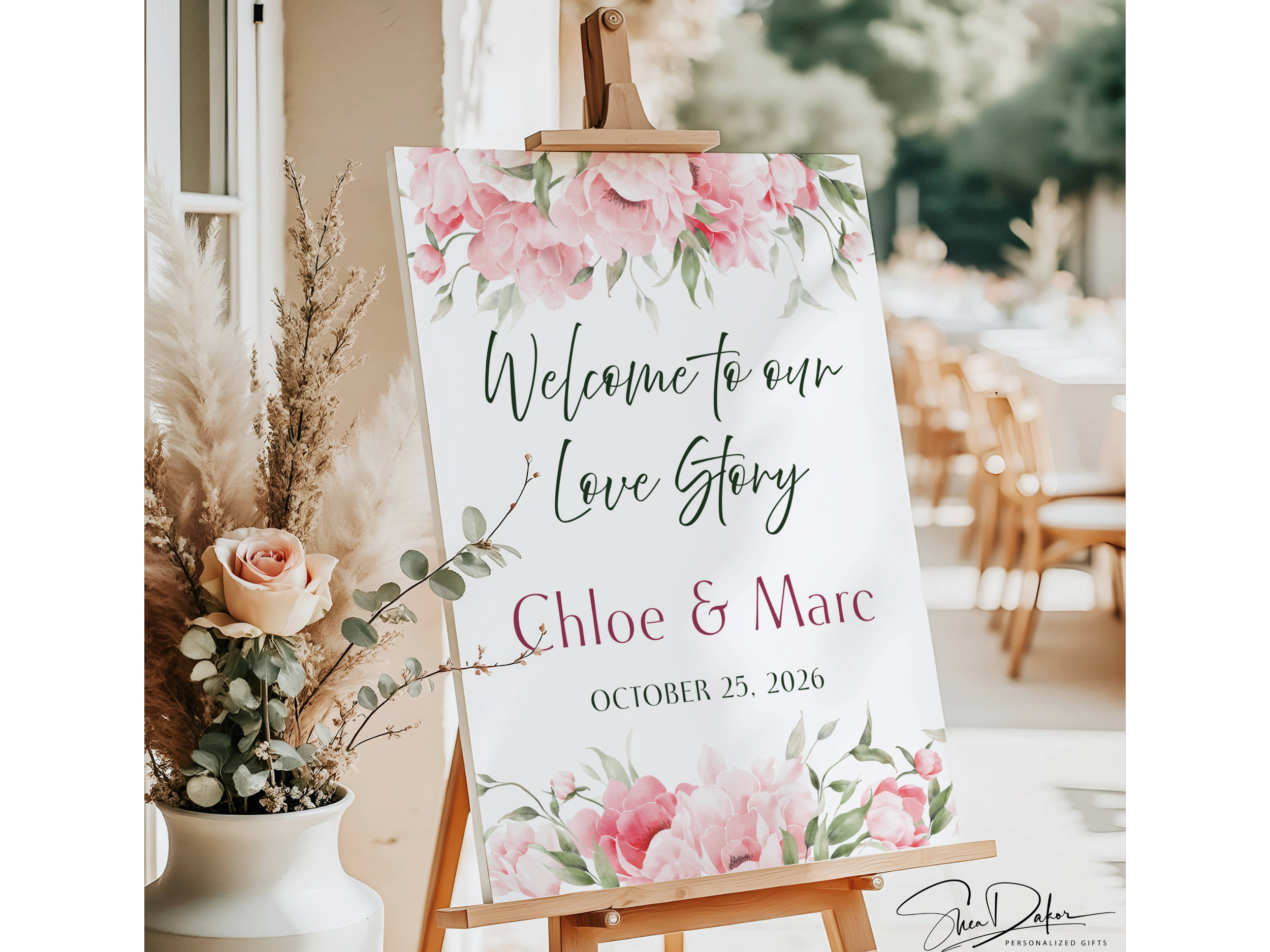 Custom Pink Peonies Wedding Welcome Sign, Welcome to Our Love Story Entrance Decor  #CV14