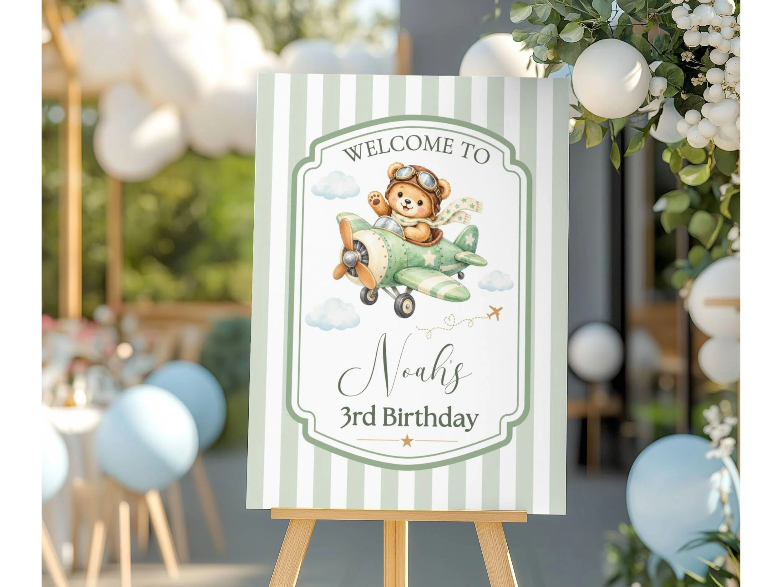 Aviator Teddy Bear Birthday Welcome Sign, Green & White Stripes 47