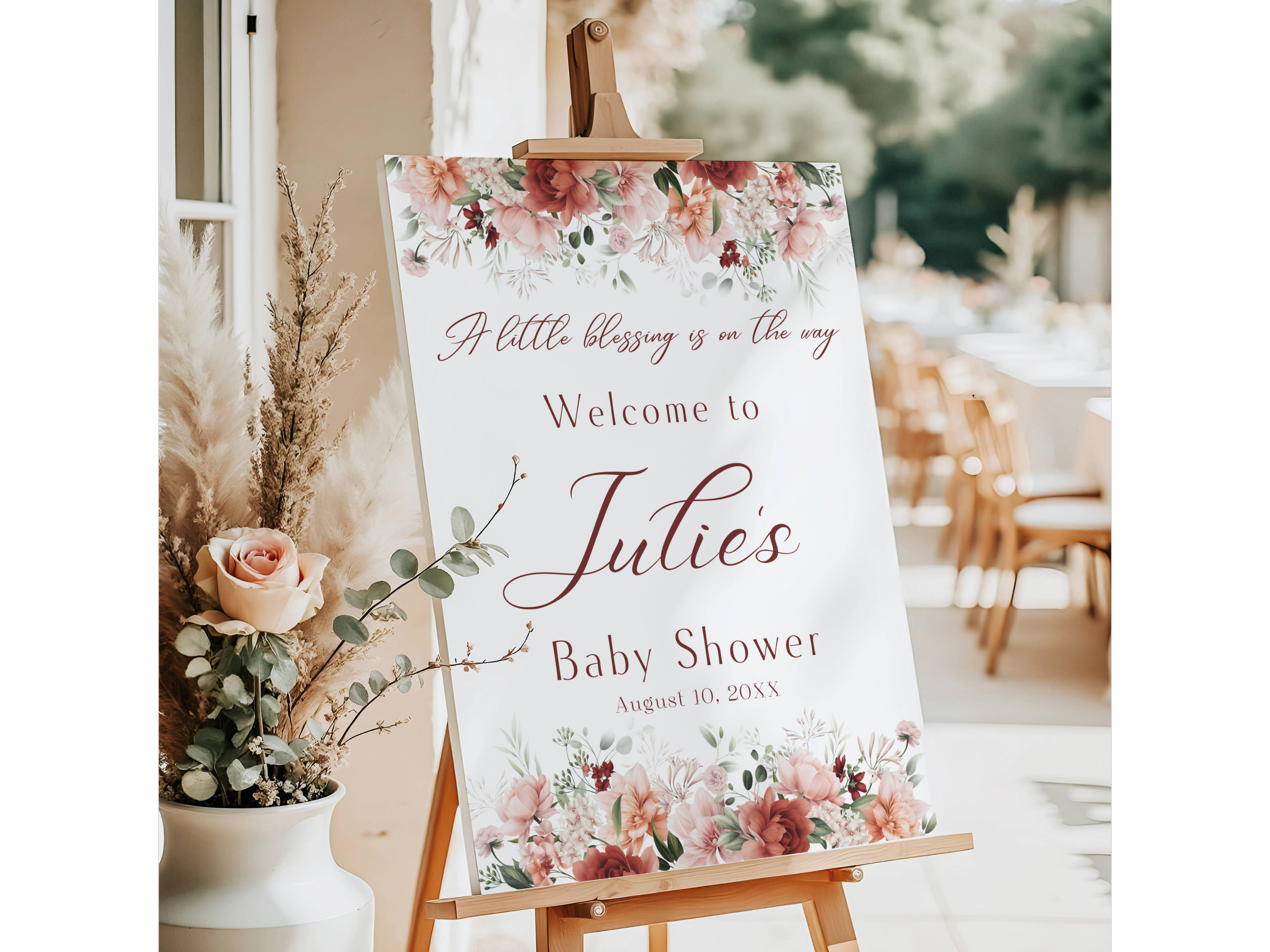 Burgundy Floral Baby Shower Welcome Sign-A little blessing is on the way-#5