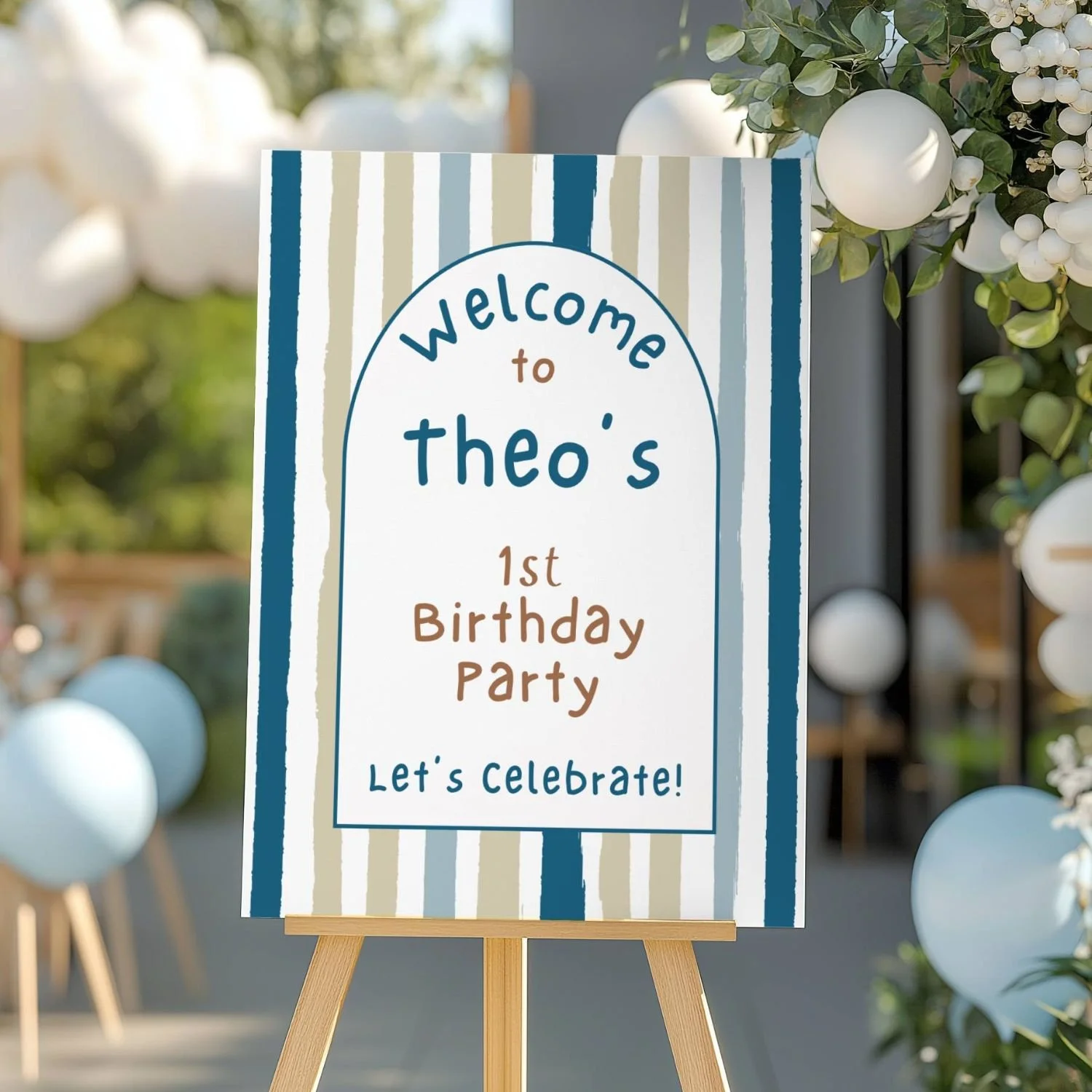Personalized 1st Birthday Welcome Sign Boy, Blue and Tan Stripe Border Printable #34